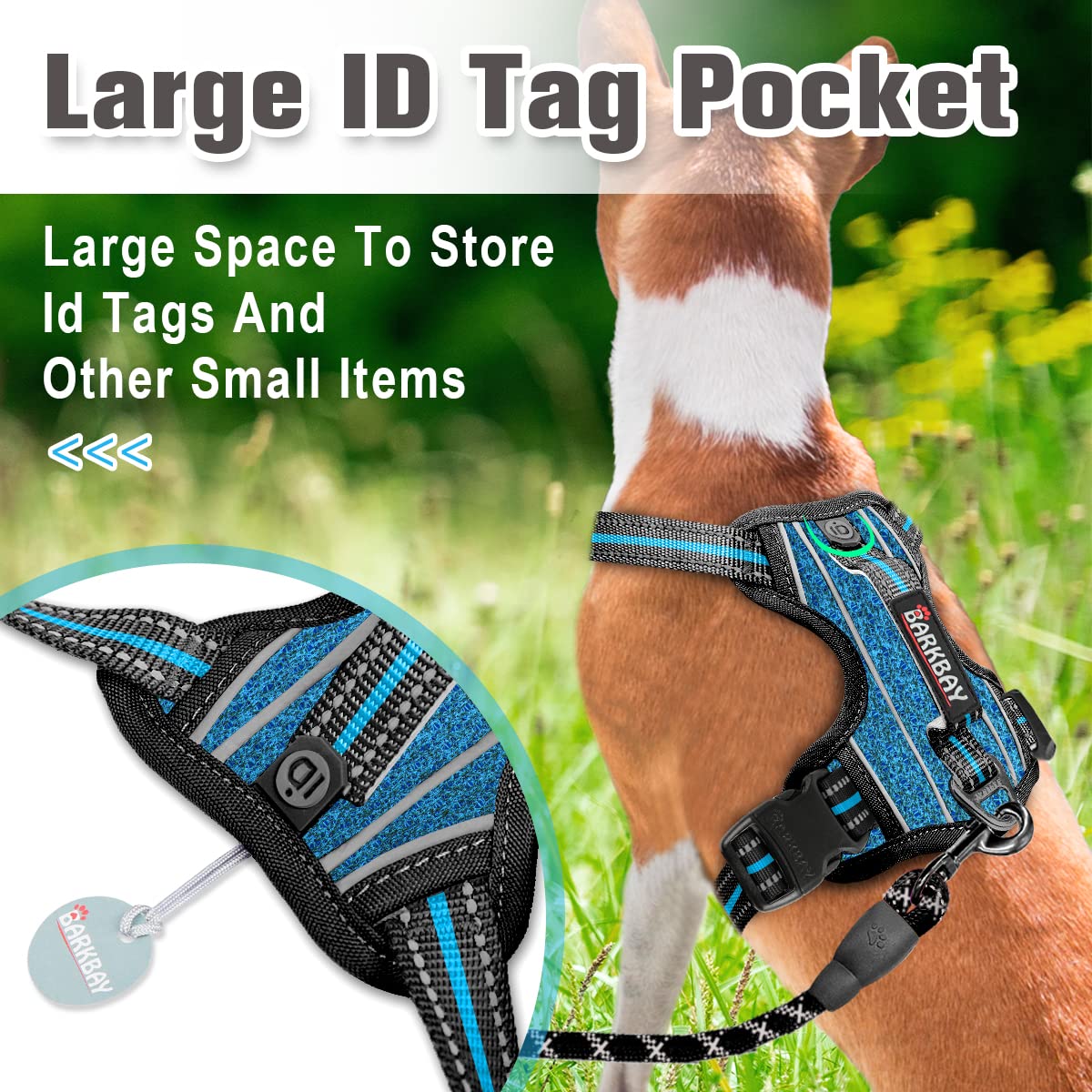 BARKBAY No Pull Dog Harness Front clip Heavy Duty Reflective Easy control Handle for Large Dog Walking with ID tag Pocket(BlueBl