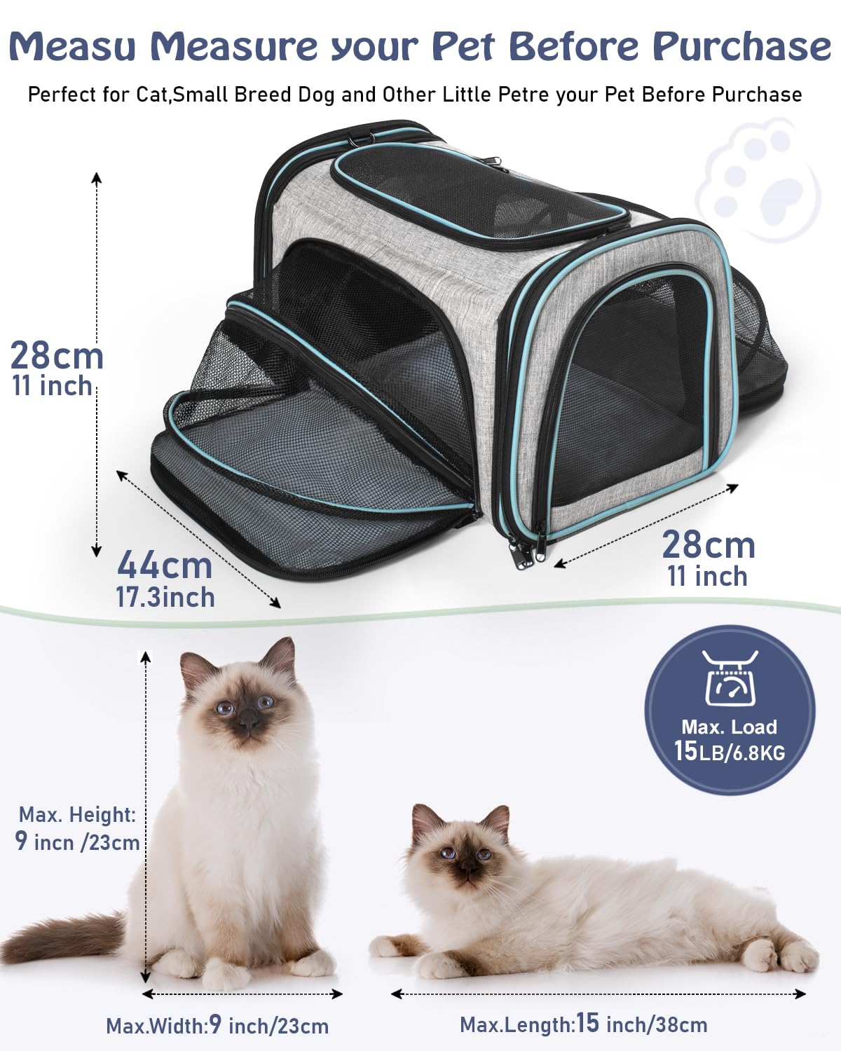 Siivton Cat Carrier,4 Sided Expandable Pet Carrier for Travel,Collapsible Soft-Sided Carriers with Removable Fleece Pad and Shou