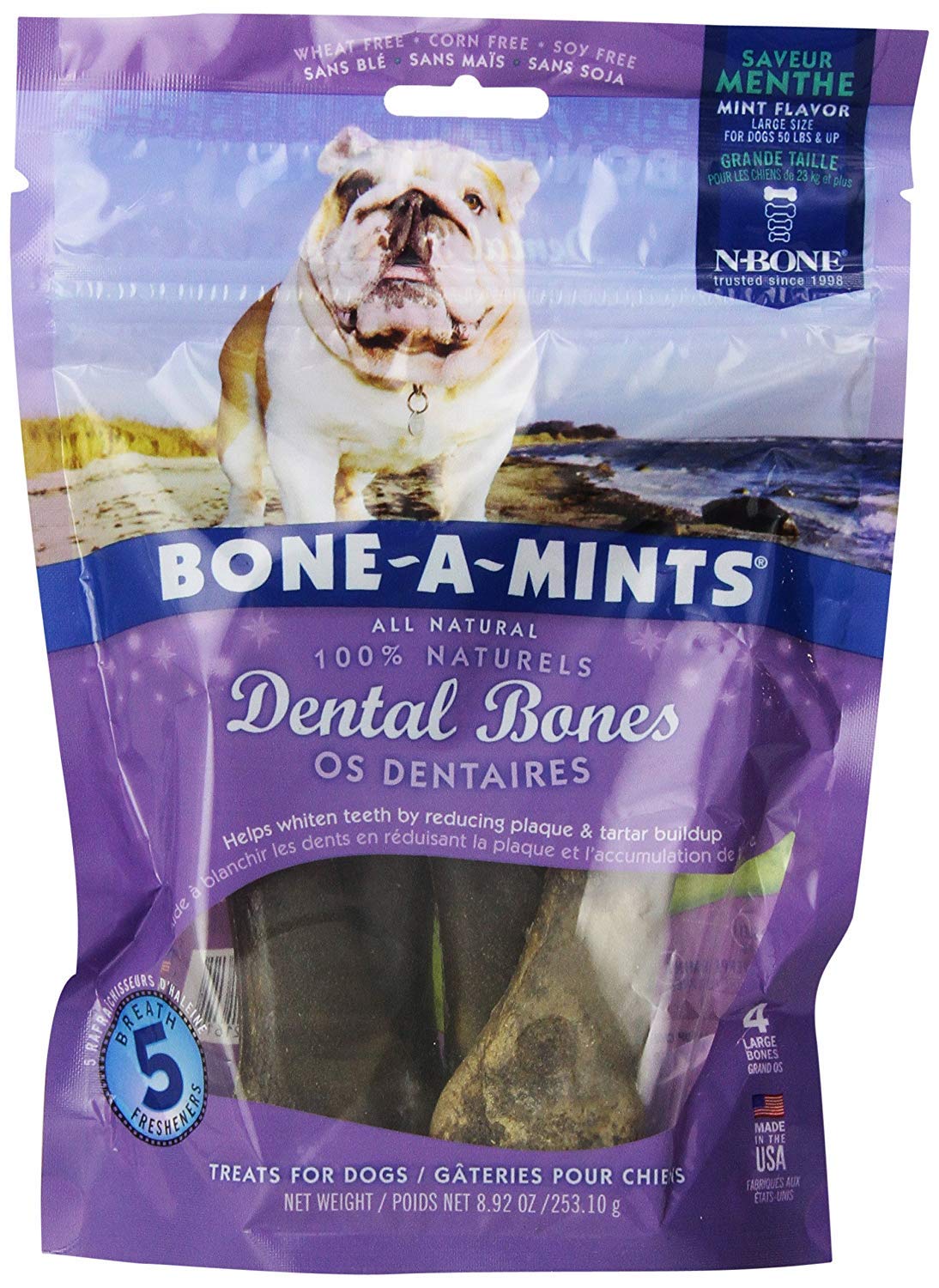 Bone-A-Mints All Natural, Wheat-Free Breath Freshening Bone, 8.92-Ounce, Large, 4 numbers in one Pack