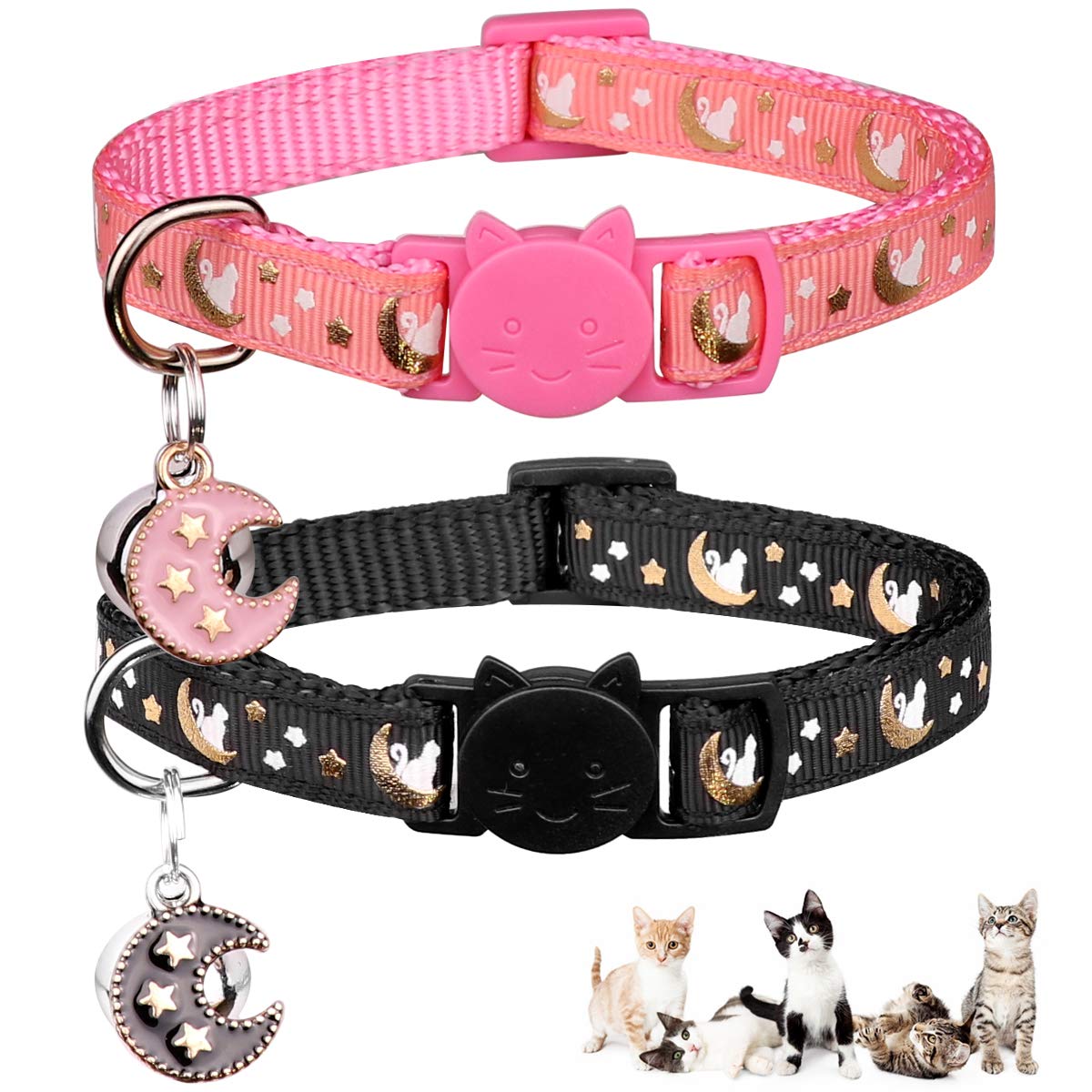 2Pcs Breakaway Cats Collars Cat Collars For Boy & Girl Cats Moons Adjustable Kitten Collars With Bell & Pendant Glow In The Dark