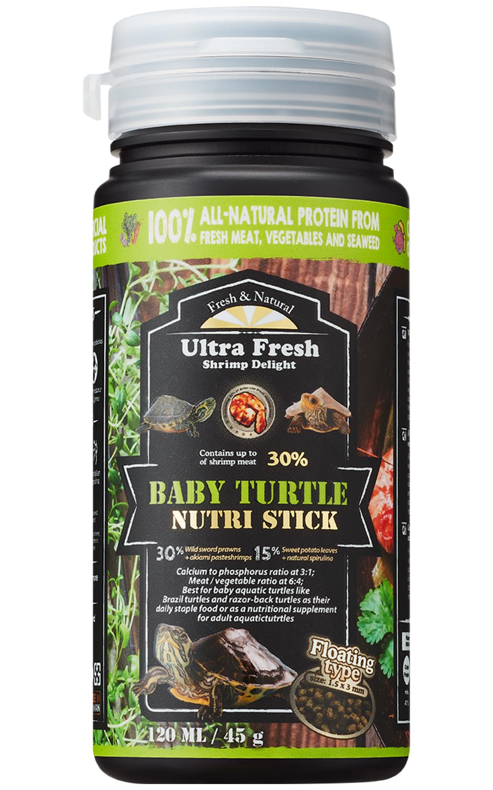 Ultra Fresh Floating Baby Turtle Food, All Natural Ingredients, Wild Sword Prawn, Calcium Vitamin D Enriched for Picky Aquatic B