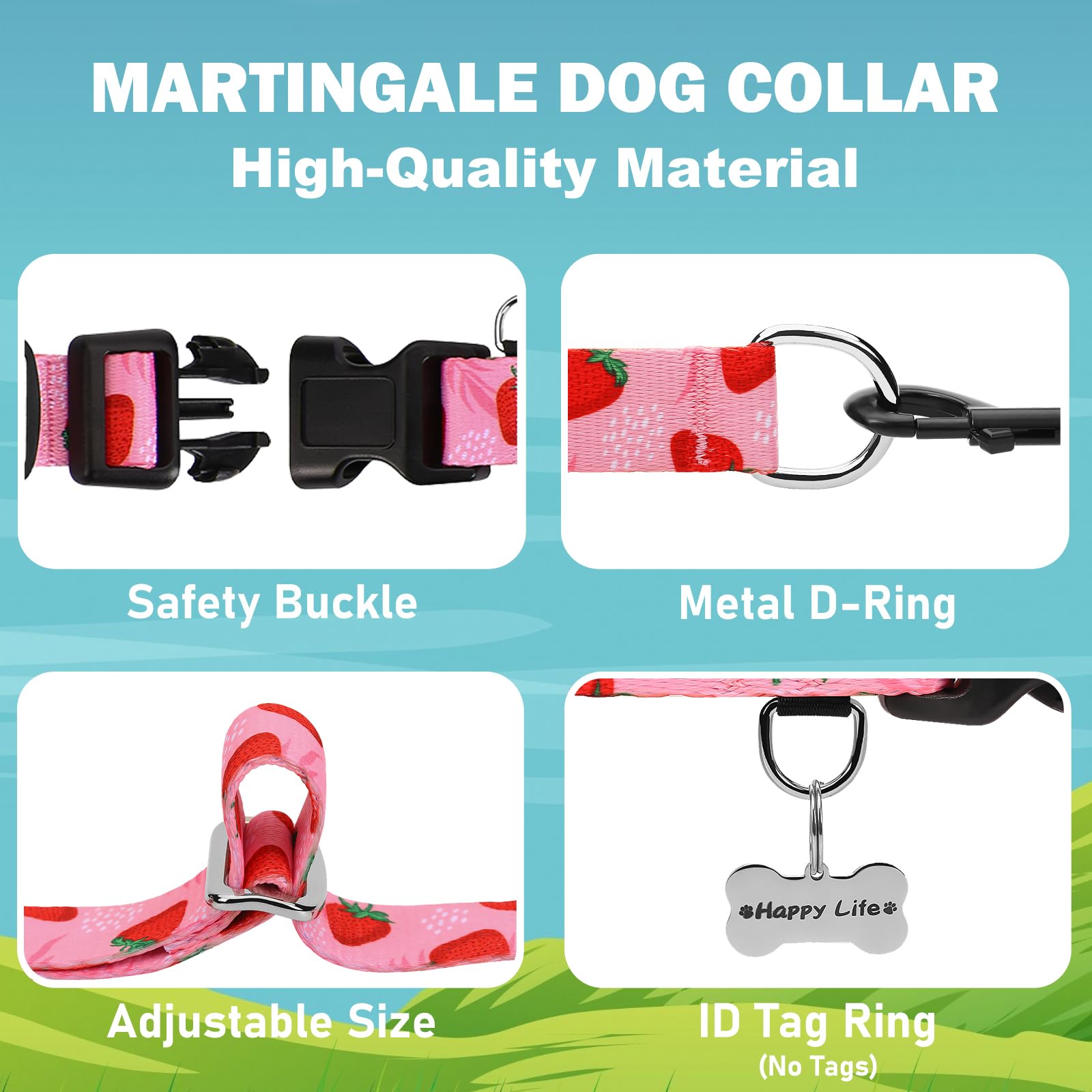 Fidohug Martingale Collar For Dogs With Pink Strawberry Pattern No Pull Training Nylon Limited Slip Collars For Medium Dogs