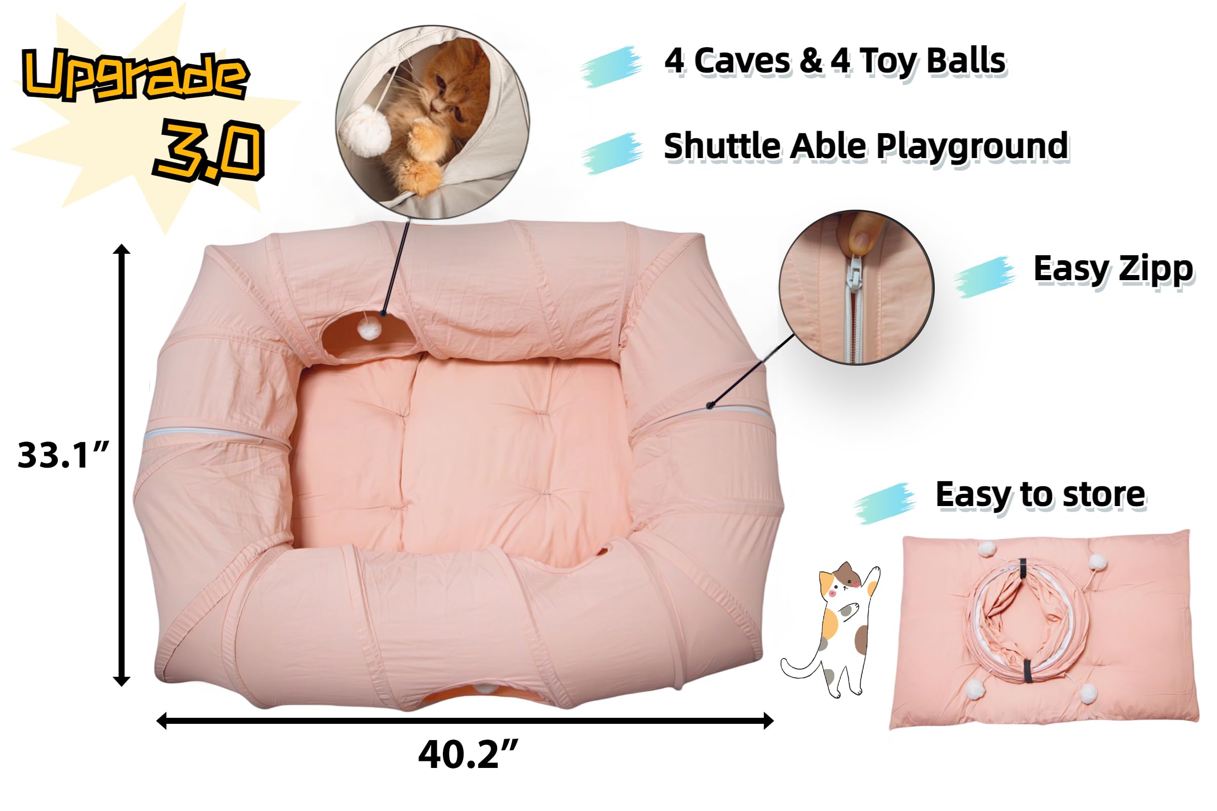 Xxingsheep 4 Ways Shuttled Xl Cat Tunnel Bed For Indoor Cats Peekaboo Cat Cave Donut With Cool Mat (Pink)