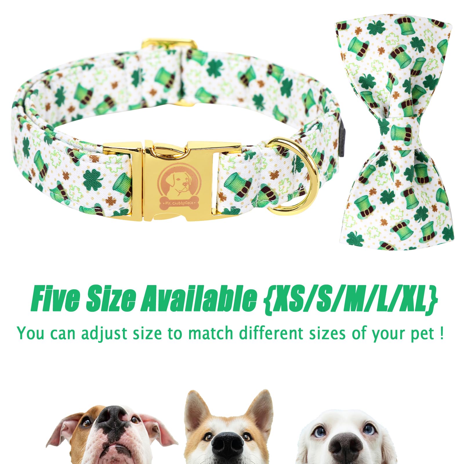 Mr. Chubbyface St.Patrick'S Clover Dog Collar With Bowtie, Green Clovers Shamrock Pattern Metal Buckle Dog Collar Adjustable Sha