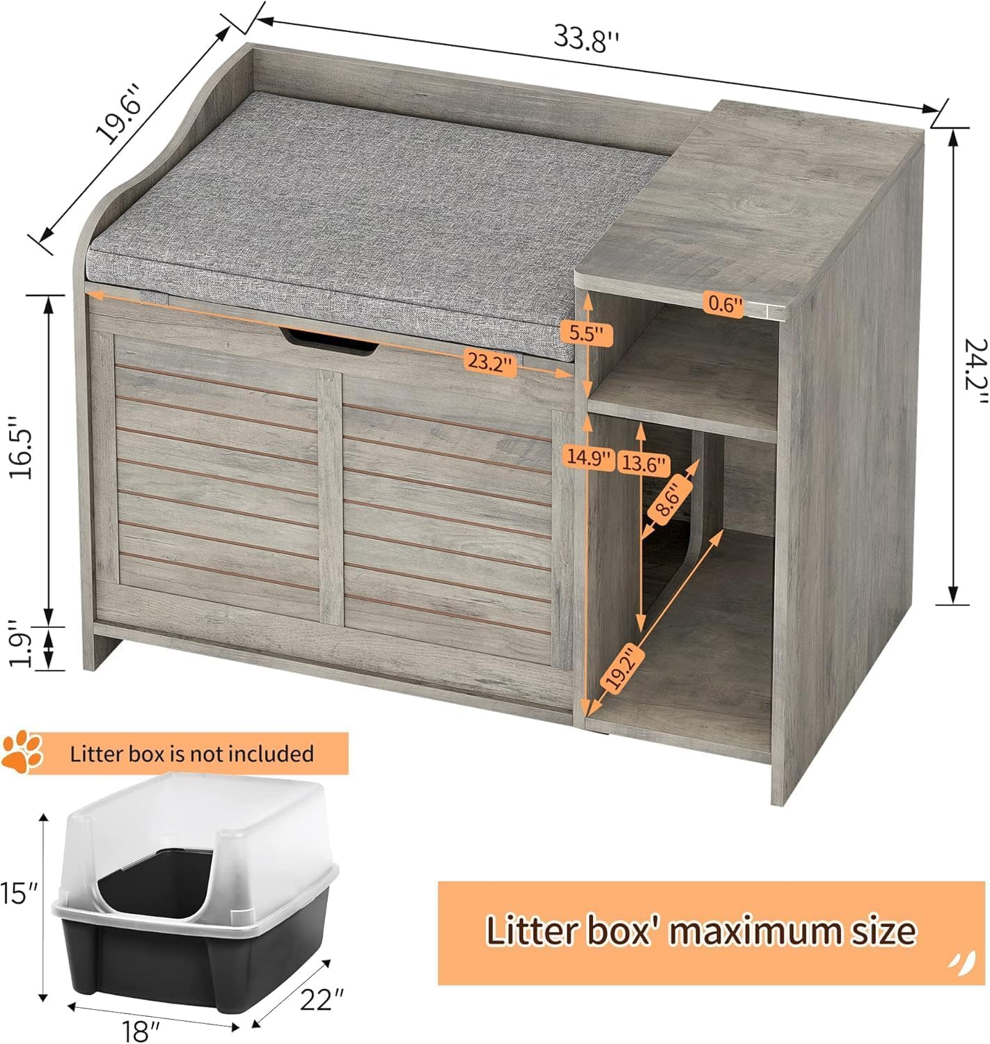 GAOMON Cat Litter Box Enclosure, Large Hidden Litter Box Furniture with Top Opening, Cushion, Storage Shelf, Litter Mat, Wooden