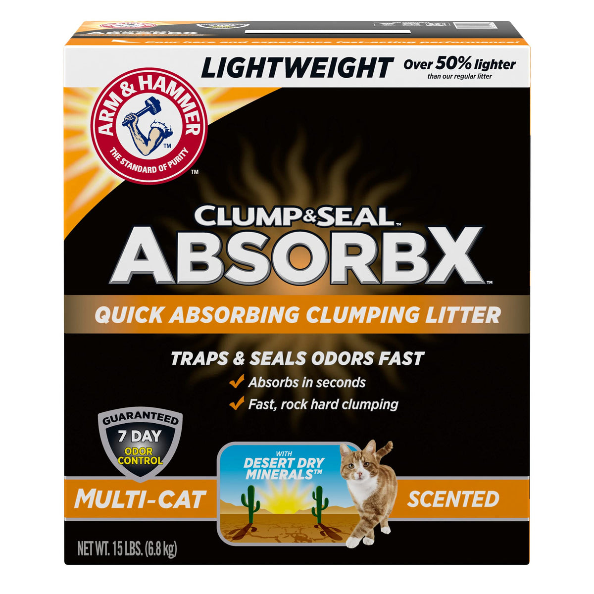 Arm & Hammer For Pets Clump & Seal Absorbx Clumping Litter, Multicat, 15 Lb (Works Like 30 Pounds), Gray