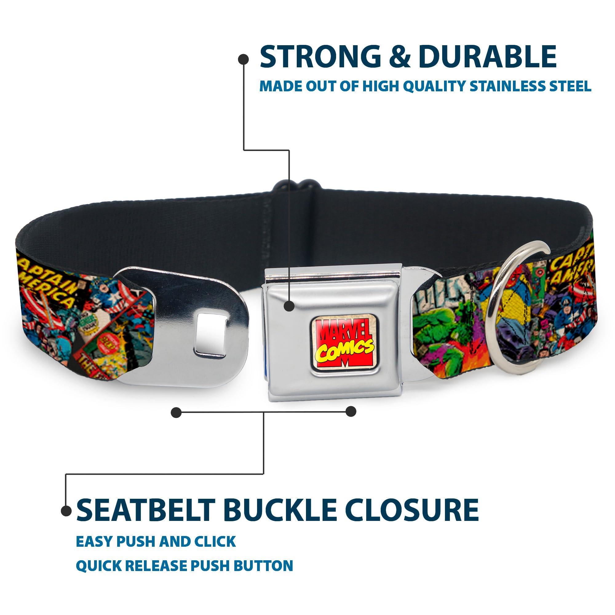 Buckle-Down Seatbelt Buckle Dog Collar - Retro Marvel Comic Books Stacked Close-Up - 1'' Wide - Fits 11-17'' Neck - Medium, Mult