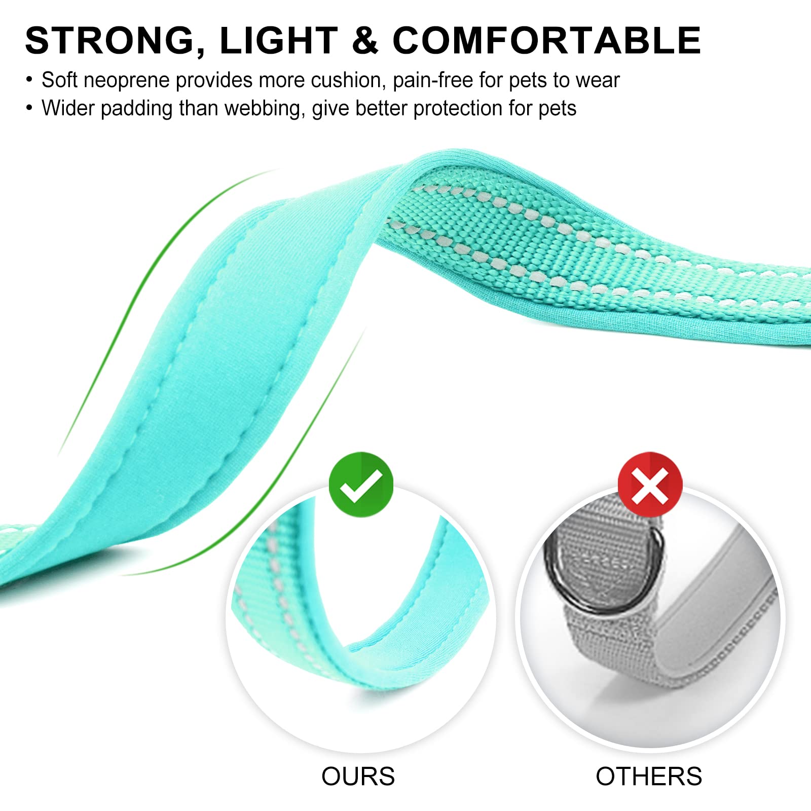 Azuza Reflective Dog Collar,Soft Neoprene Padded Pet Collar With Id Tag Ring,Adjustable For Medium Dogs,Teal,M