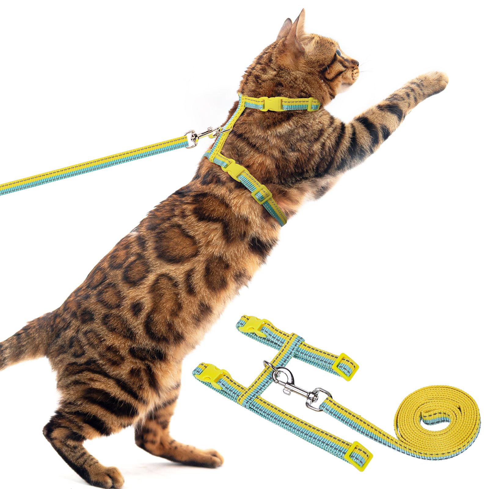 Pupteck Adjustable Cat Harness And Leash Set Escape Proof Kitten Strap Collar For Walking Travel, Yellow Blue
