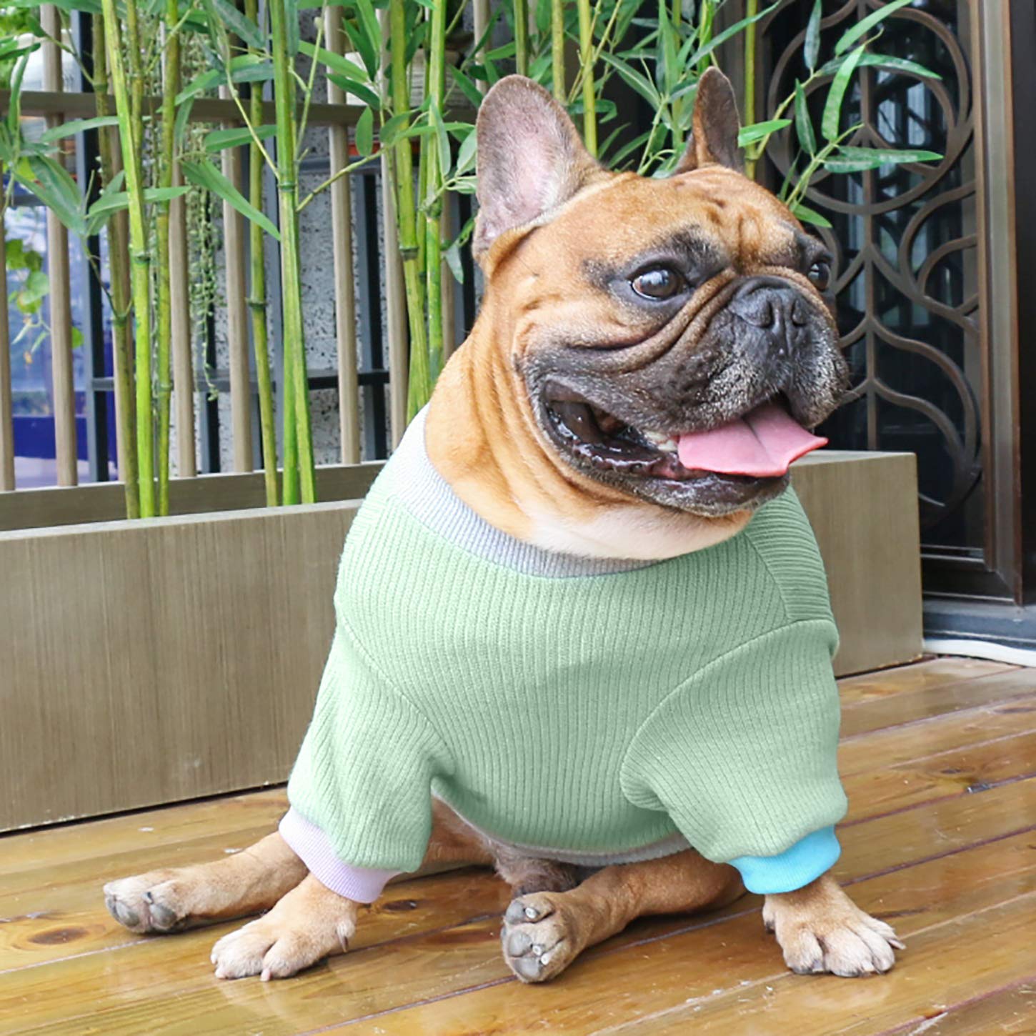 Ichoue Pet Dog Crewneck Sweater Color Block Pullover Winter Warm Clothes For French Bulldog Frenchie Shiba Inu - Green And Grey/