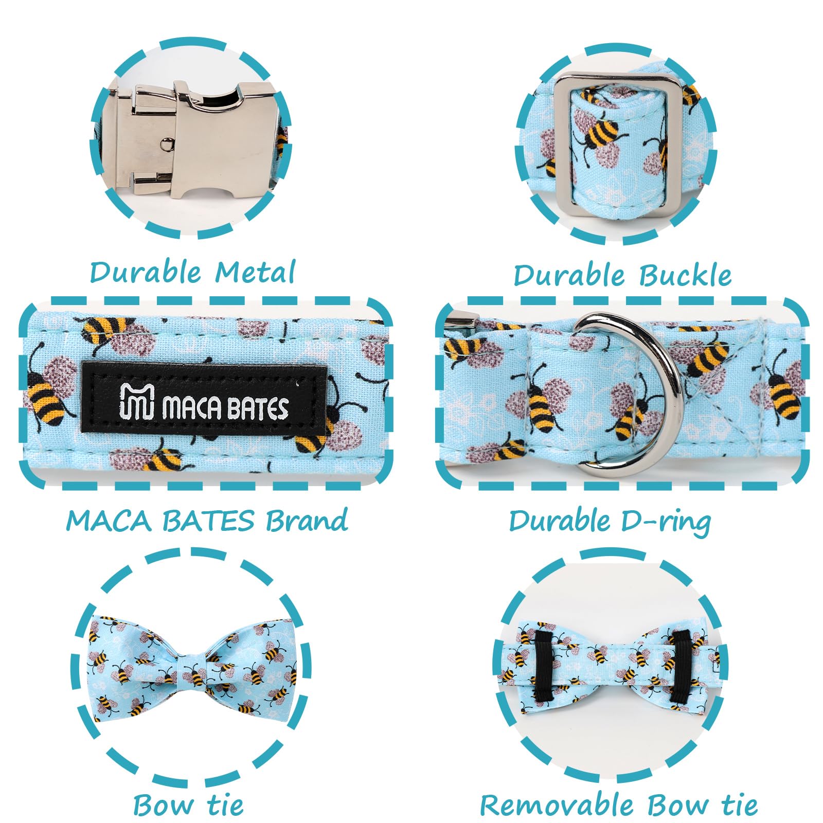 Maca Bates Blue Bee Dog Collar With Bow Bowtie For Dogs Bow Tie Adjustable Breakaway Blue Collars Accessories Birthday Gift For