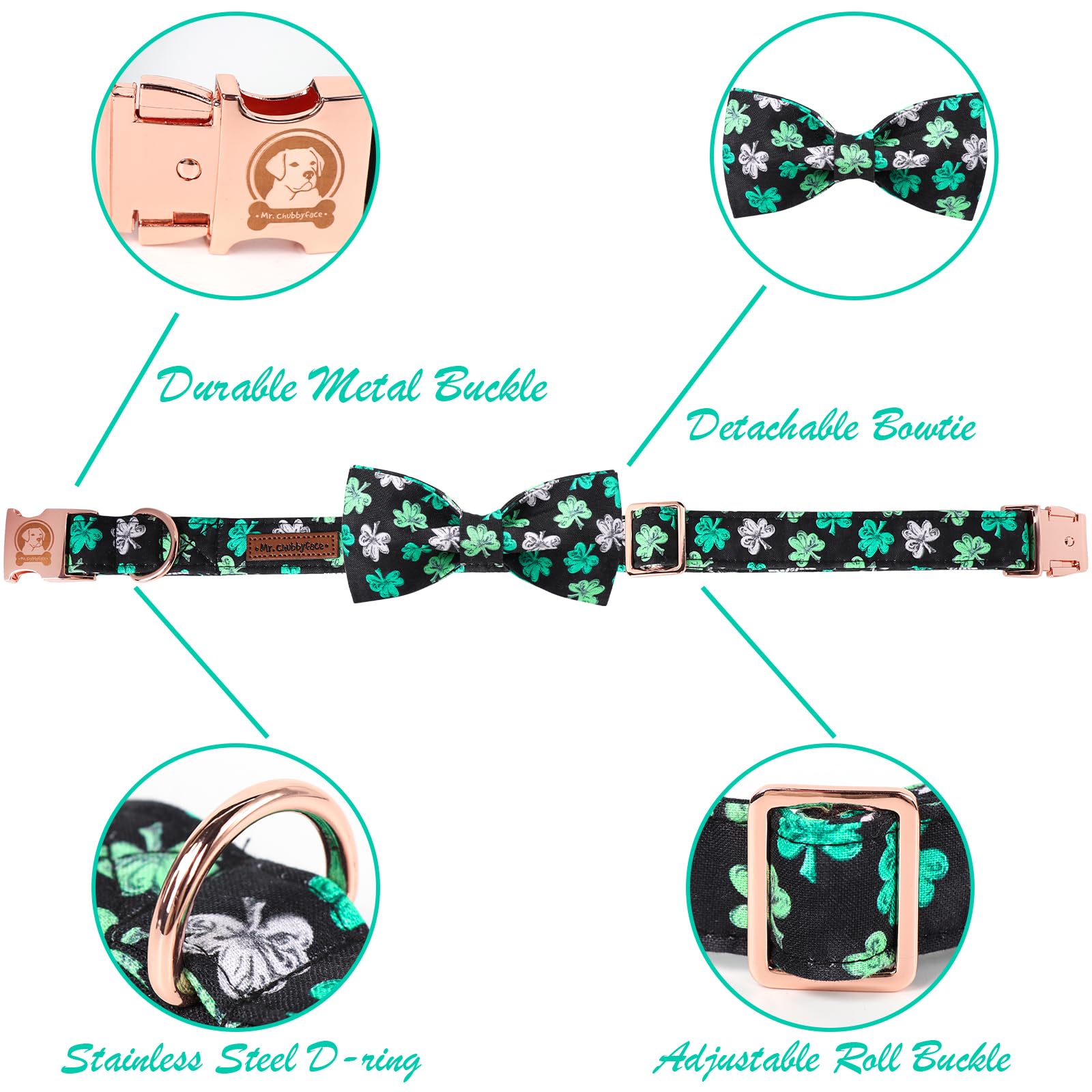 Mr. Chubbyface St.Patrick'S Clover Dog Collar With Bowtie, White Green Clovers Shamrock Dog Collar With Metal Buckle, Soft Adjus