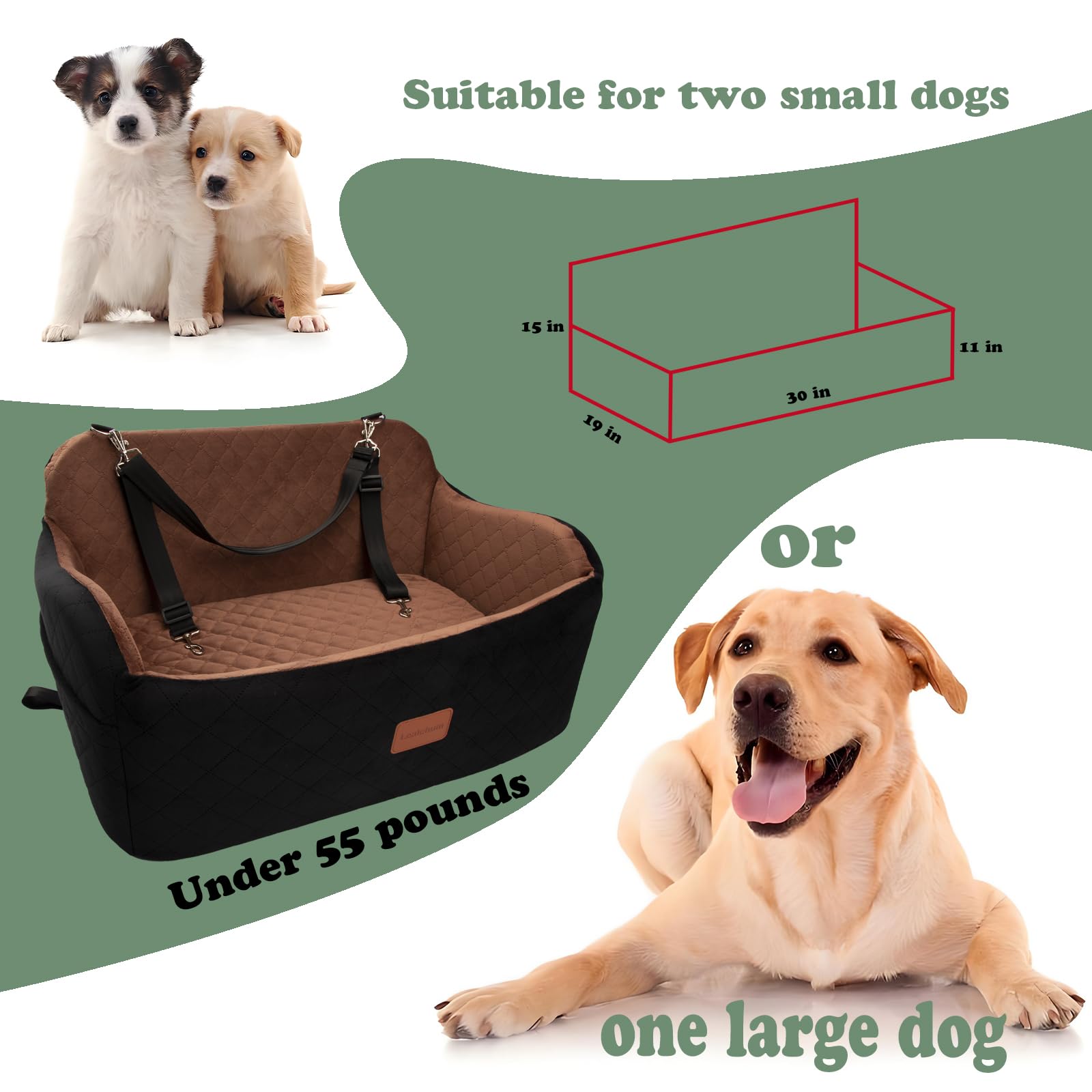 Lealchum Dog Car Seat for Medium/Large Dogs,2 Clip-On Safety Leashs for 2 Small Dogs,Removable and Washable Comfy Pet Car Seat,E