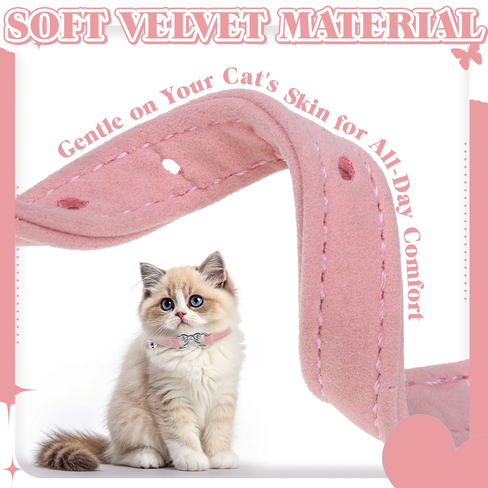Bingpet Bling Cat Collar With Bells And Safety Belt,Adjustable Soft Velvet Kitten Collar With Diamond Bow,Cute Pink Cat Collars