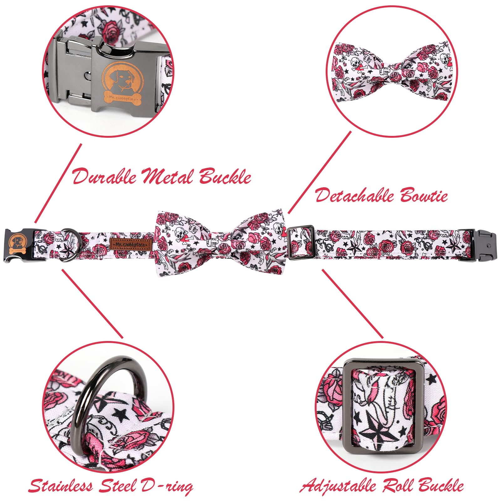 Mr. Chubbyface Valentine'S Dog Collar With Bow Tie-Cute Pink Rose Cotton Dog Collar, Adjustable Valentine'S Boy Girl Dog Collars