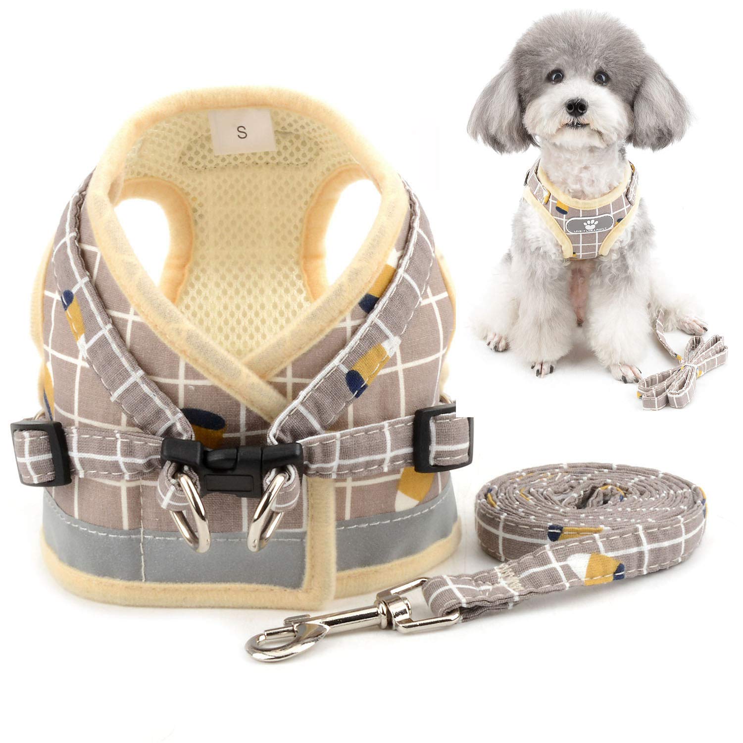 Zunea No Pull Small Dog Harness And Leash Set Adjustable Reflective Step-In Chihuahua Vest Harnesses Mesh Padded Plaid Escape Proof Walking Puppy Jacket For Boy Girl Pet Dogs Cats Khaki Xl