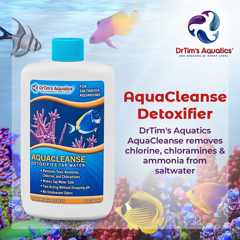 DrTims Aquatics AquaCleanse for Saltwater Aquariums - Tap Water Detoxifier: Dechlorinator & Ammonia Remover for New & Cycled Fis