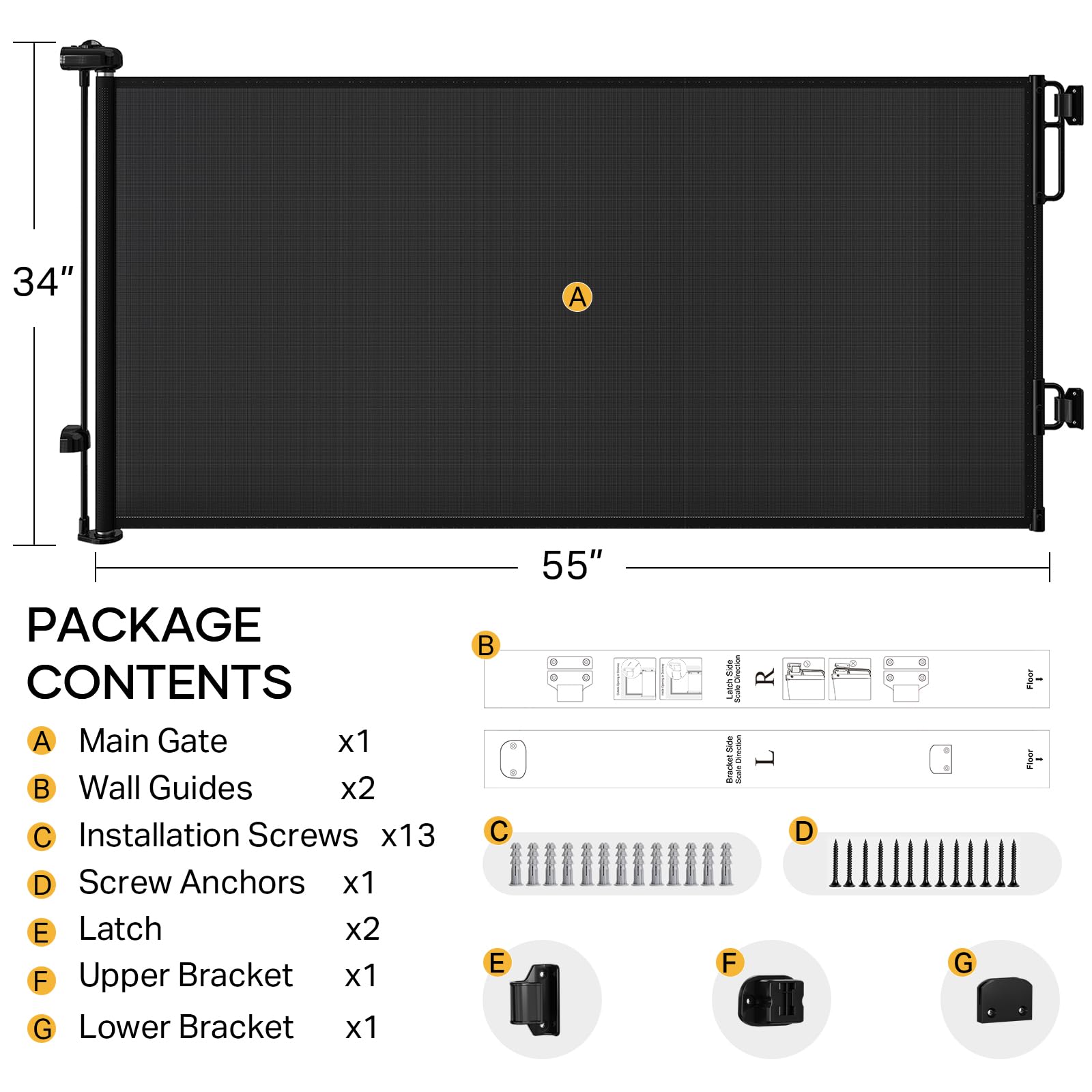 Cumbor Retractable Baby Gates For Stairs, Mom Choice Award Winner-55 Wide Mesh Dog Gate For Doorways, 34' Tall Easy To Use Pet Fence For The House, Toddler Safety Essentials Indoor&Outdoor, Black