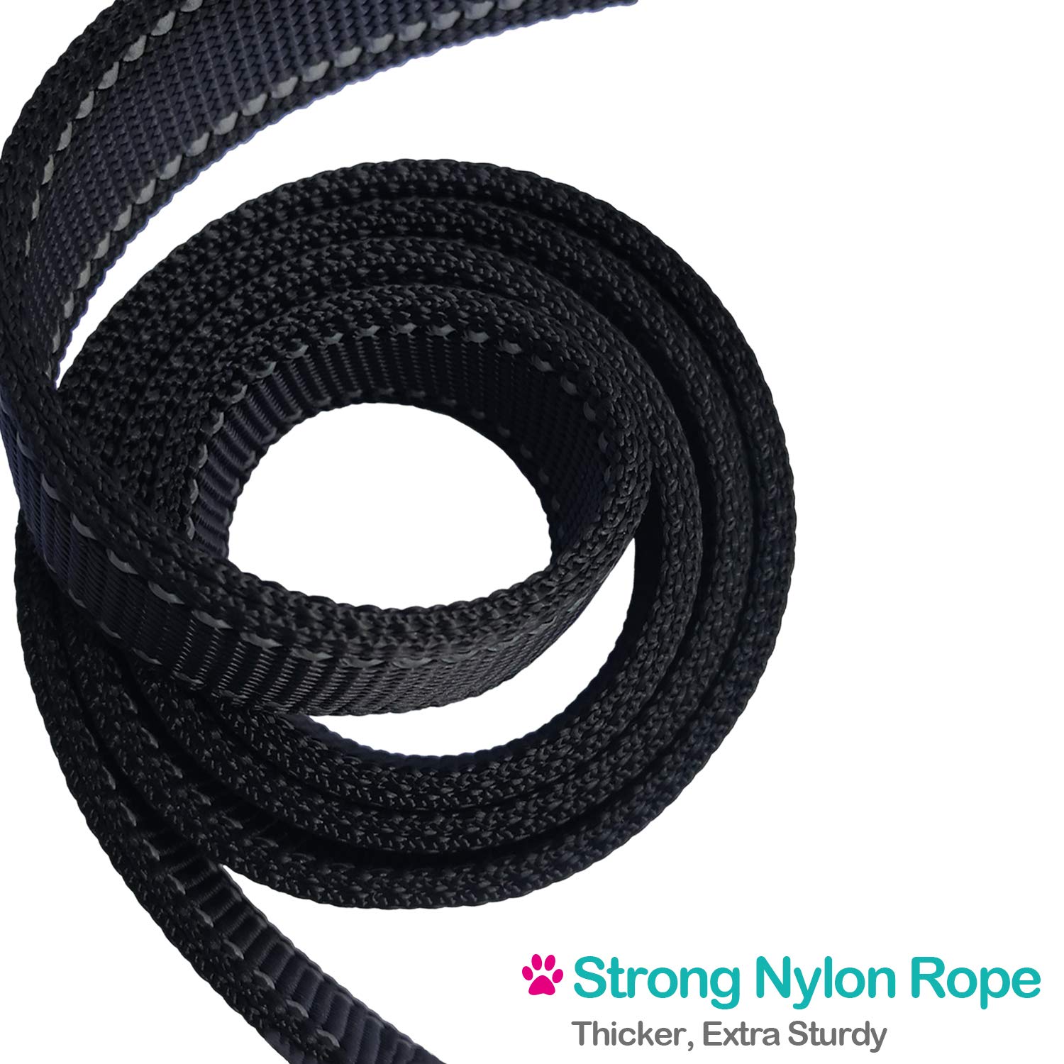 Short Nylon Dog Lead - Heavy Duty Padded Handle - Reflective Black, 12 Inch For Large & Medium Dogs