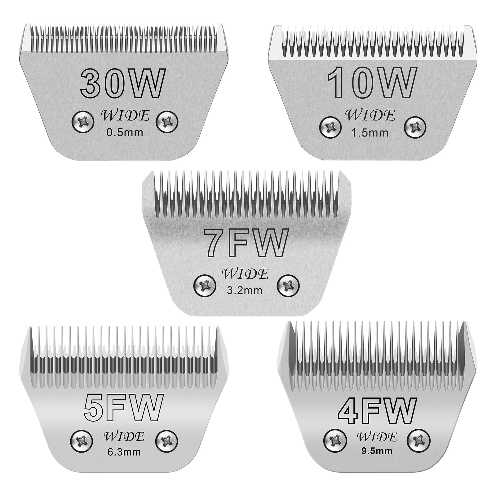 30W+10W+7FW+5FW+4FW Wide Pet Dog Grooming Detachable Blades Kit,Compatible with Andis,Oster A5,Wahl KM10 Clippers,Cut Length 1/5