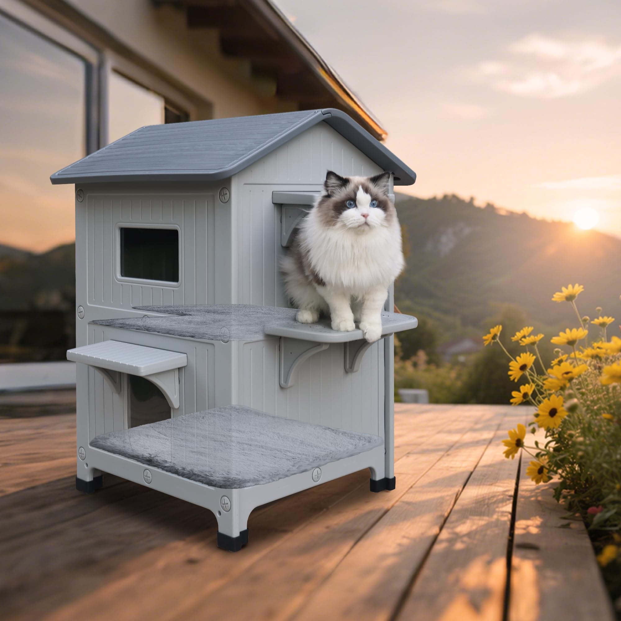 Plastic Outdoor Cat House with Mat Weatherproof for Feral Multi Cat, 2 Story Insulated Elevated Cat Shelter with Escape Door, Ea