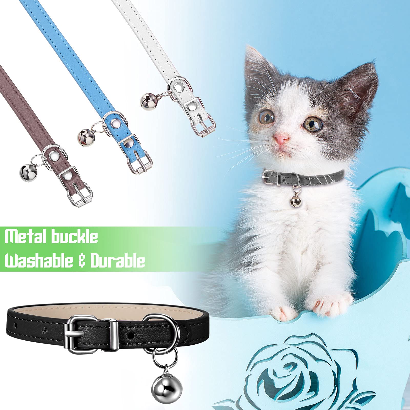 Weewooday 6 Pieces Leather Cat Collar With Bell Leather Kitten Collar Cat Collar For Boy Cats, Girl Cats With Safety Elastic Strap Cute Pet Collars For Small Cat Kitten Puppy(Fresh Color)