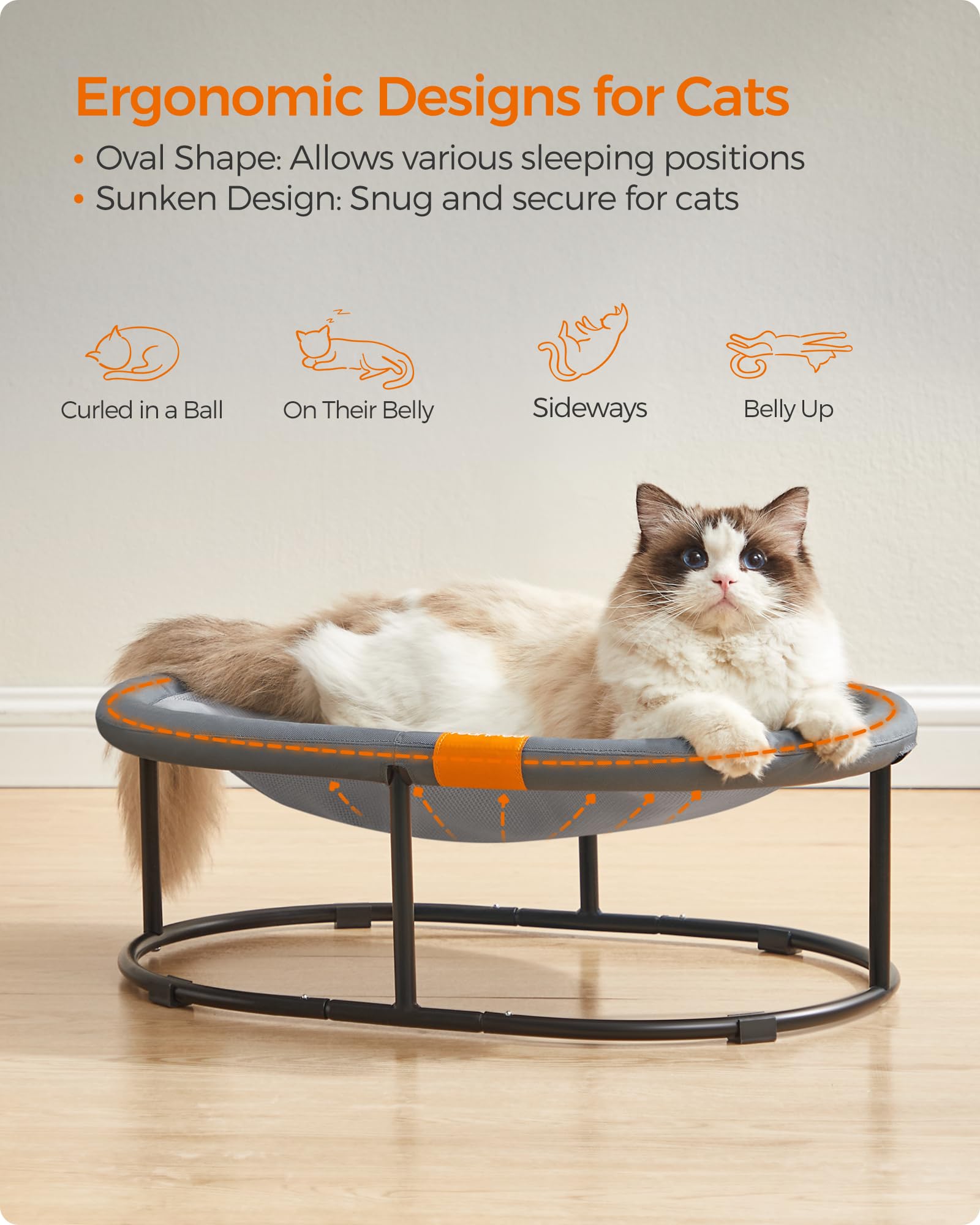 Feandrea Elevated Cat Bed, Gray Cat Hammock for Multiple Cats, Removable Washable Mesh, L (24.4"L x 16.5"W x 7.9"H), Model