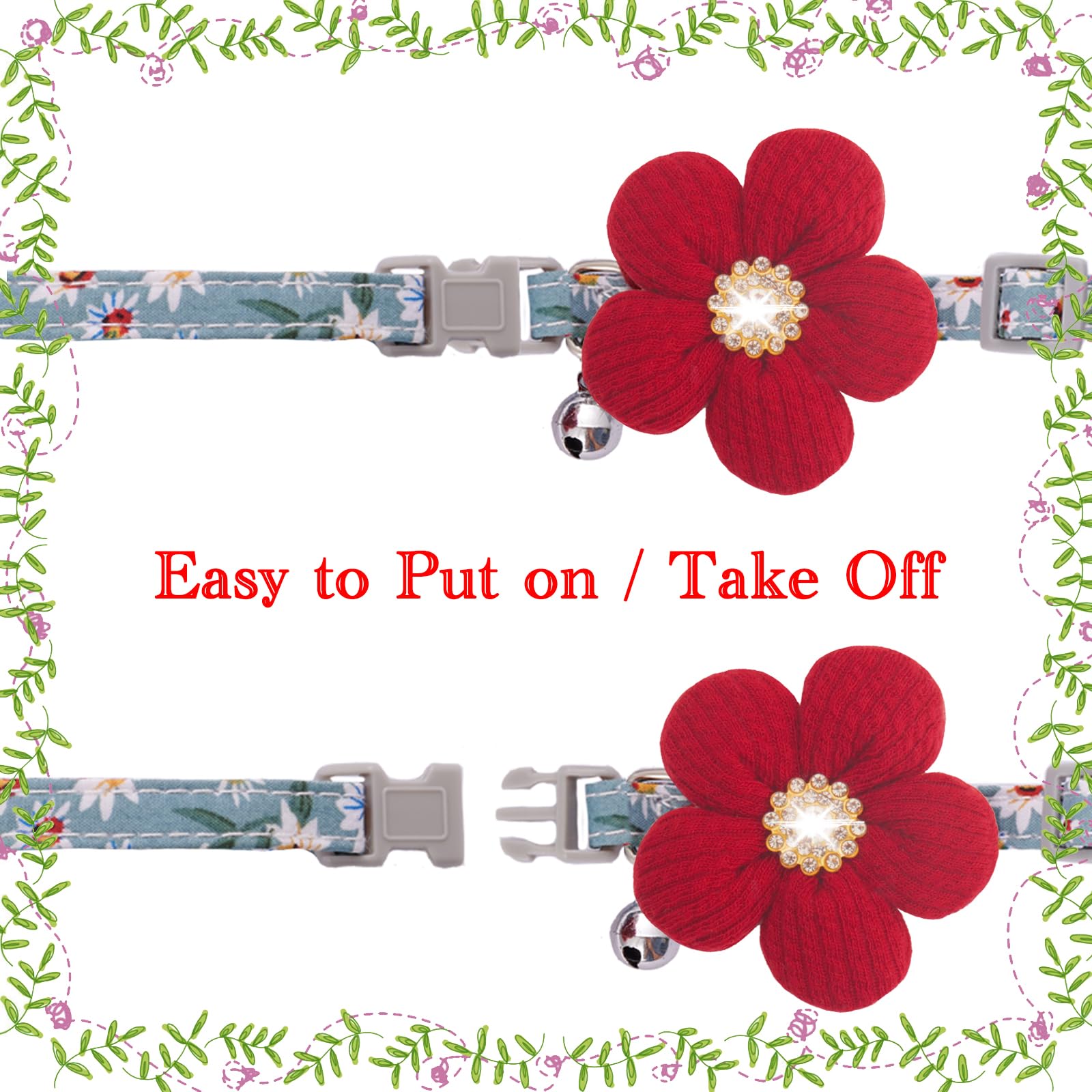 Small Dog Collar With Flower, Puppy Collar For Girl Dog Collars For Small Dogs Cute Dog Collar With Bell, Adjustable Length (Red