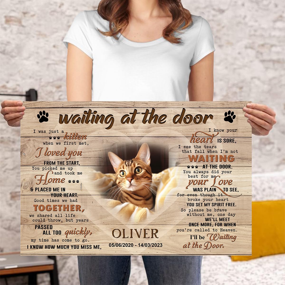 P80816 Personalized Memorial Poster Gifts, Waiting At The Door, Cat Memorial Frames With Pictures, Gift For Cat Lover Mom Dad, N