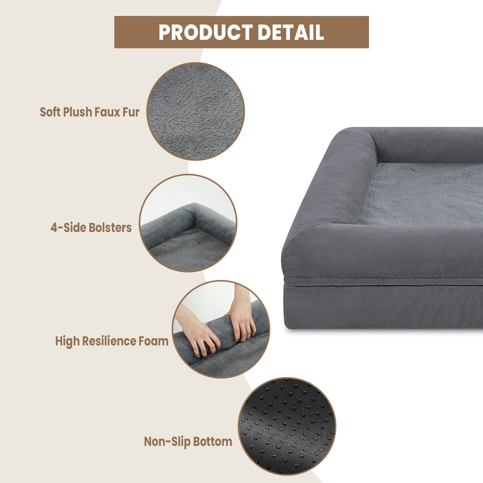 Yiruka Medium Dog Bed, Dark Grey Orthopedic Dog Bed, Washable Dog Bed With [Removable Bolster], Waterproof Dog Bed With Nonskid Bottom, Doggy Bed, Dog Beds For Medium Dog Bed