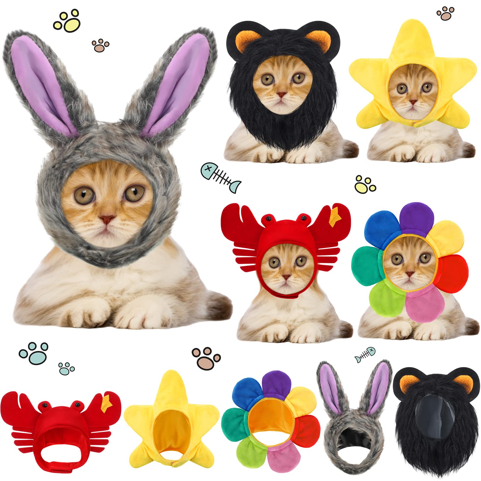 5 Pieces Cat Hat Dog Costume Cute Bunny Rabbit Hat with Ears Headwear Lion Mane Cap Valentine New Years Day Party Accessory for 