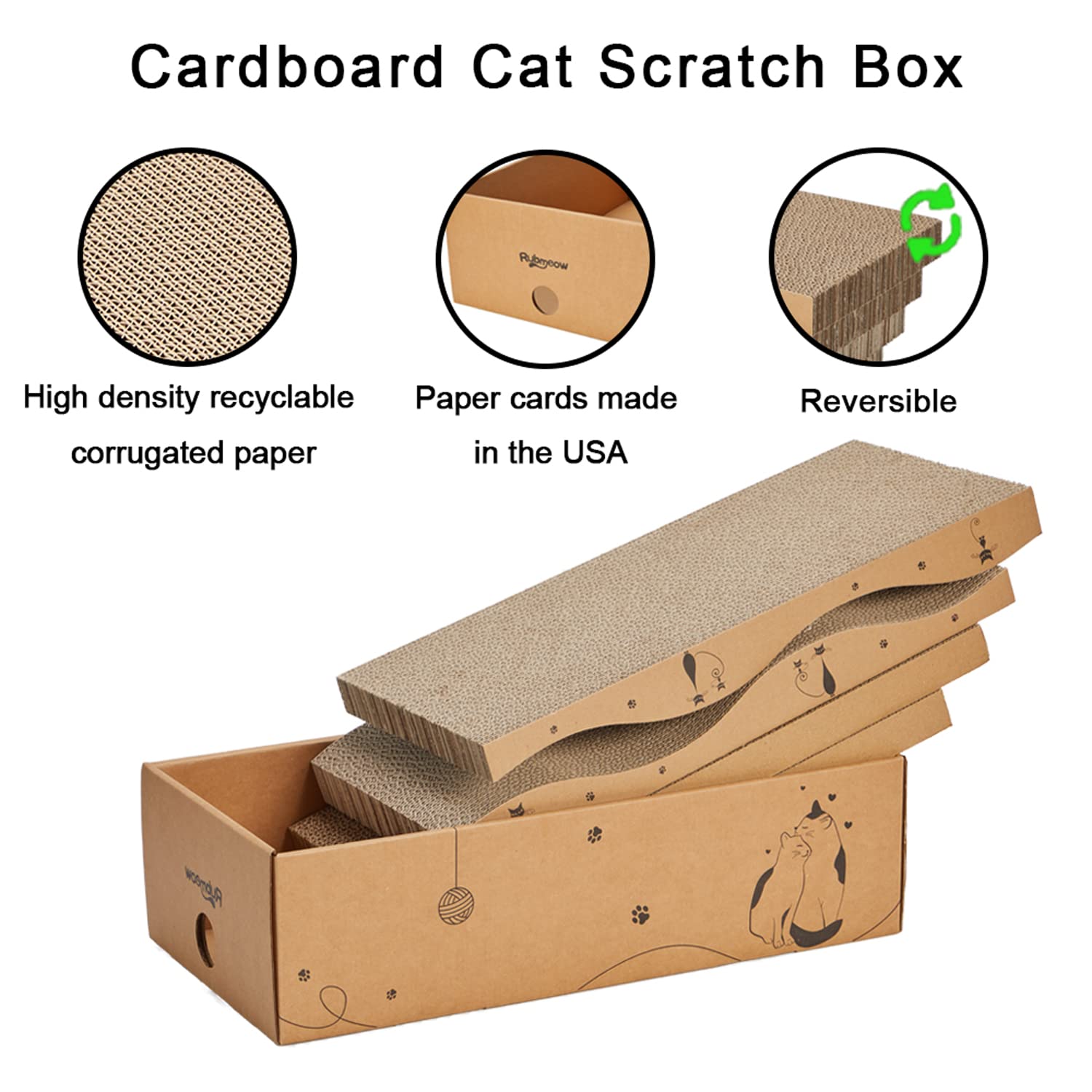 RUBMEOW Cardboard Cat Scratcher Pad - 4 Reversible Scratching Pads for Indoor Cats, Medium Size, Durable with Catnip