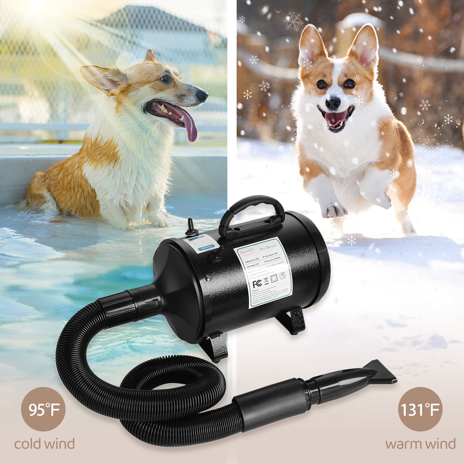 Display4Top Dog Dryer,2400W Dog Blow Dryer,3.2Hp Speed Adjustable Heat Temperature Dog Hair Dryer,High Velocity 3 Different Nozzles Dog Blower Grooming Dryer,Adjustable Temperature Pet Dryer
