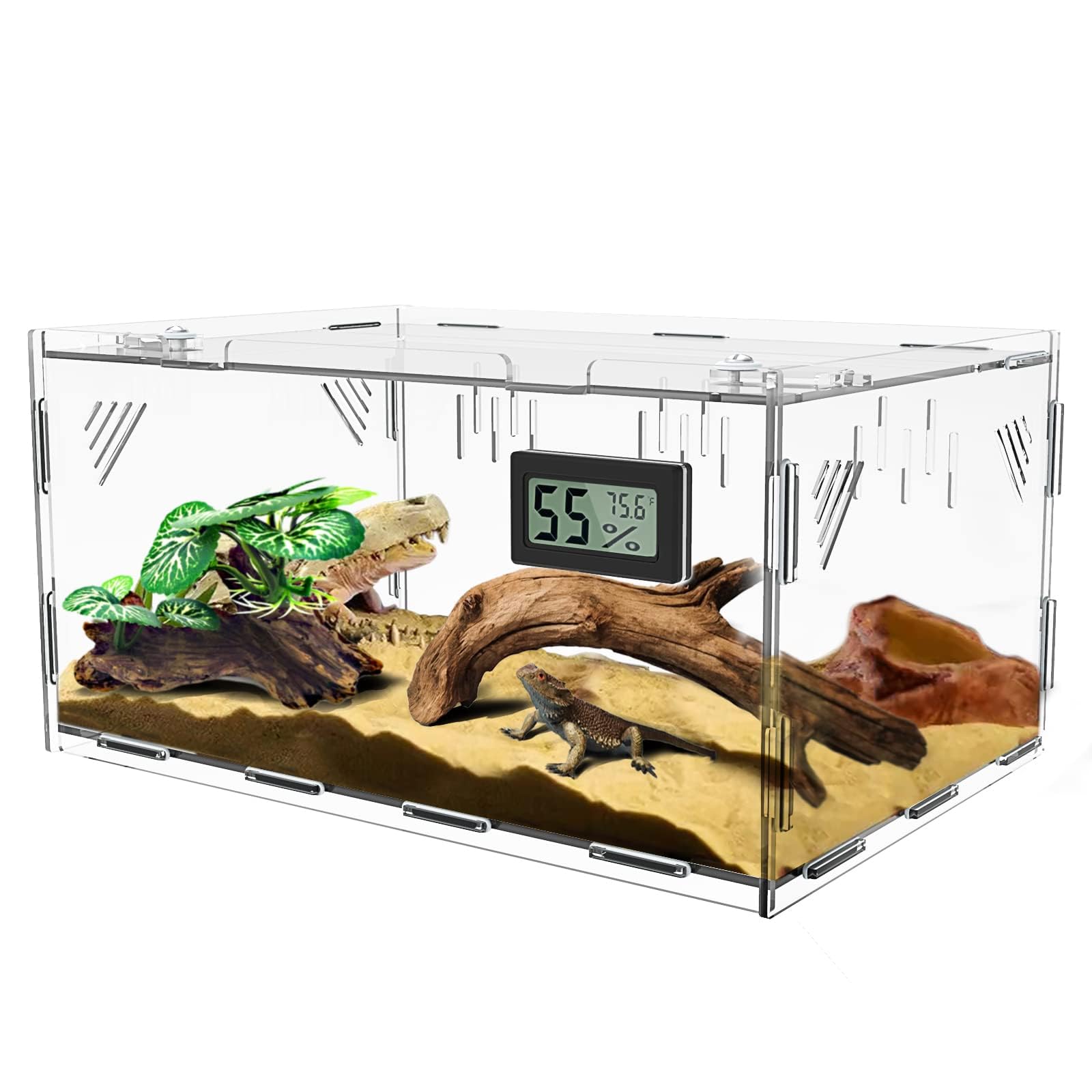 Reptile Terrariums, With Temperature Hygrometer, 15.7''X9.9''X7.1''Acrylic Reptile Breeding Box Terrarium Cage Tank For Small Re