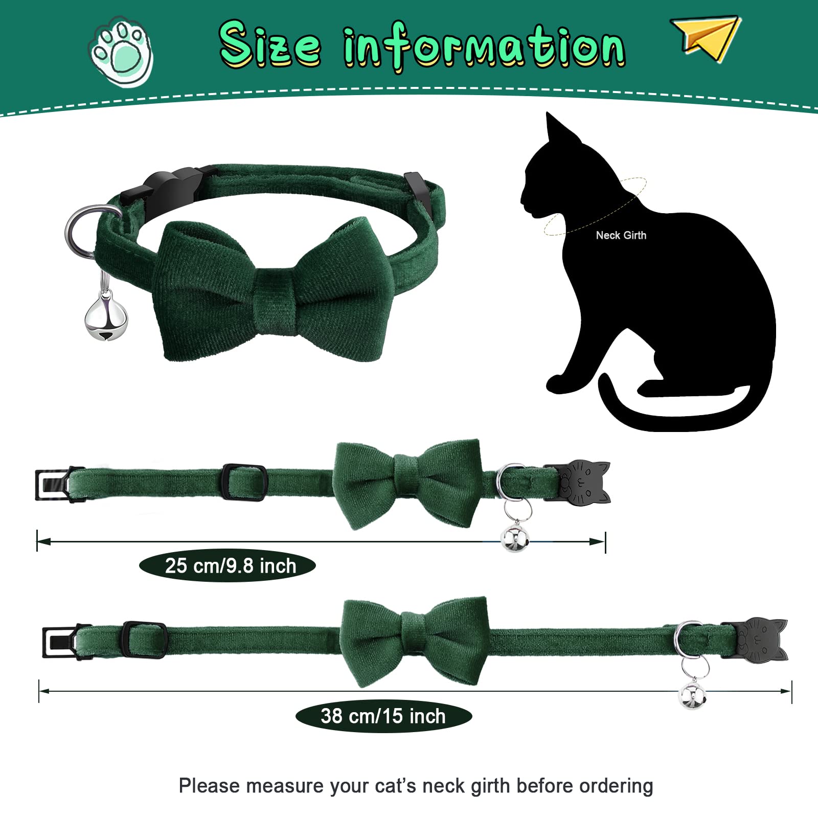Weewooday 4-Piece Cat Bow Tie Collar Set - Velvet Breakaway with Bell, Comfortable & Safe for Kittens & Puppies, Medium, Black/Gray/Green/Blue