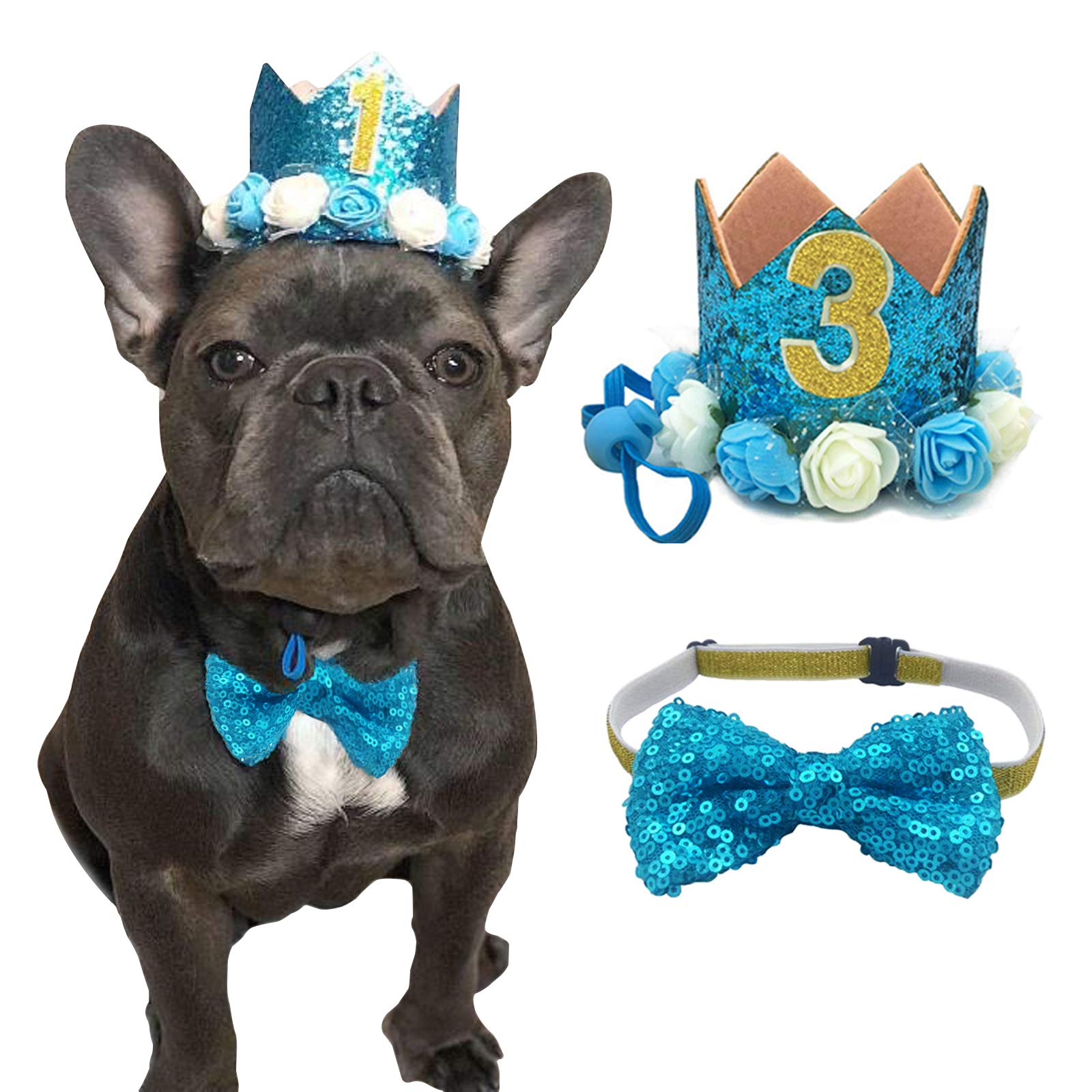 Posapet Cat Dog Birthday Crown Hat And Bow Tie Collar Set Pet Boy Birthday Party Supplies (Blue)