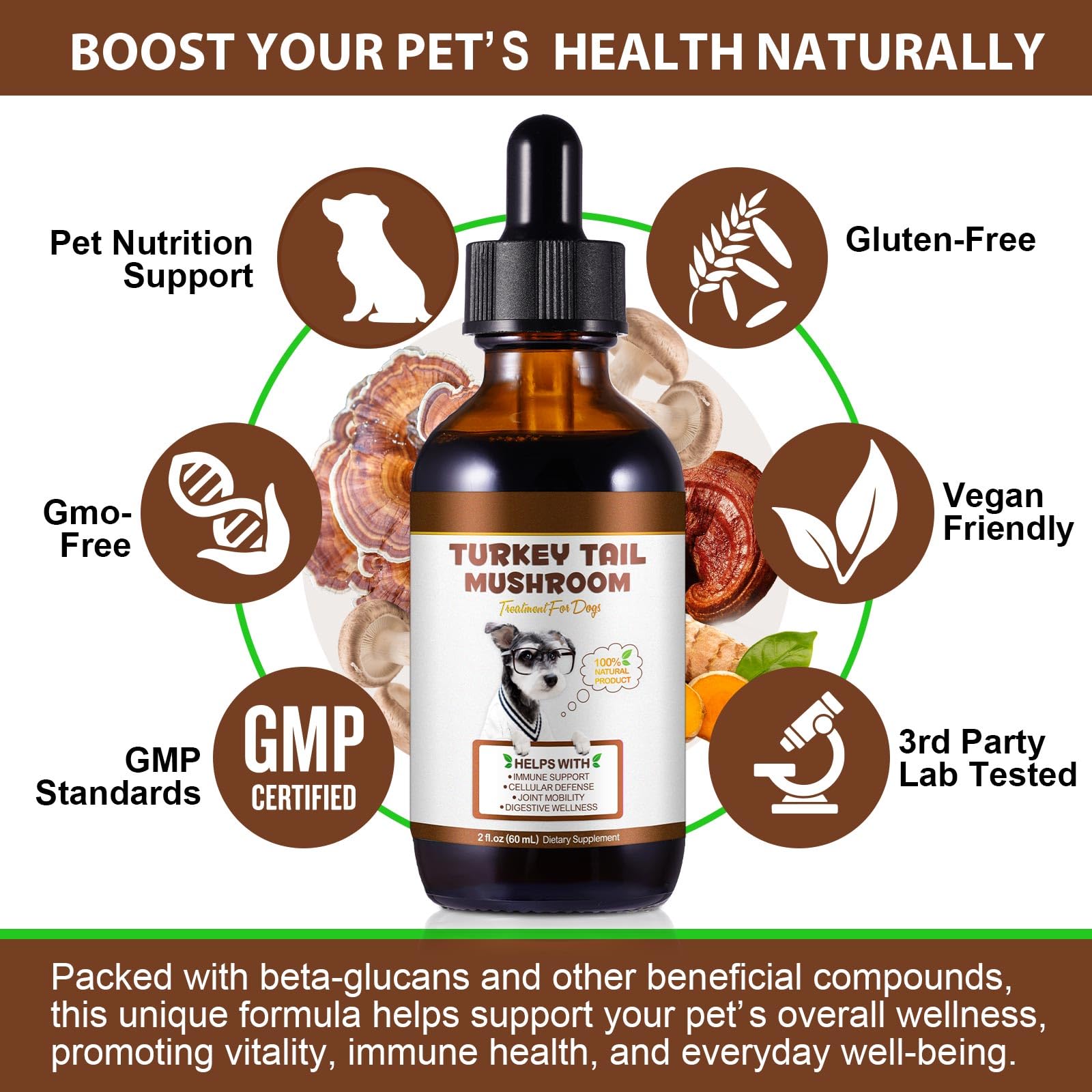 Turkey Tail Mushroom for Dogs, Faster Absorption Turkey Tail Mushroom for Immune & Digestive, Joint, Energy, Dog Mushrooms Drop