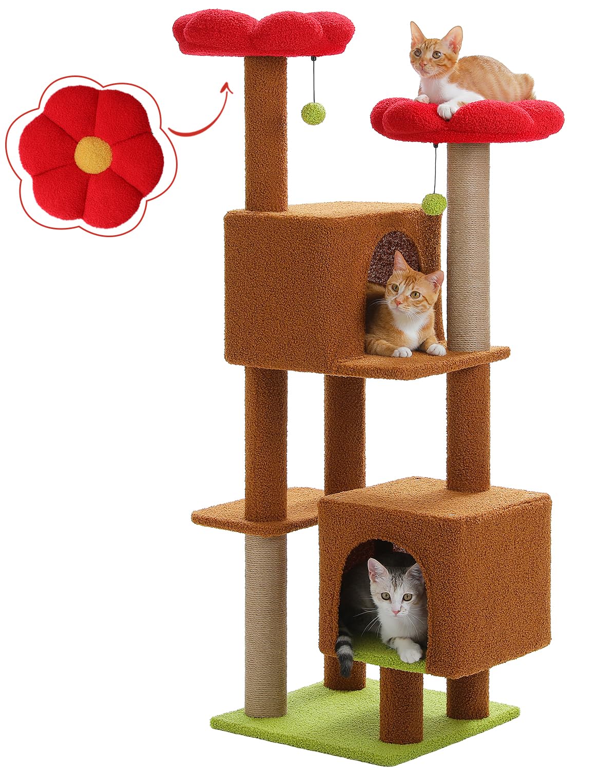 Muttros Flower Cat Tree, 52.4'' Cat Tree Tower For Indoor Cats, Cute Cat Tree With 2 Flower Padded Perches, 2 Condos & 2 Scratch