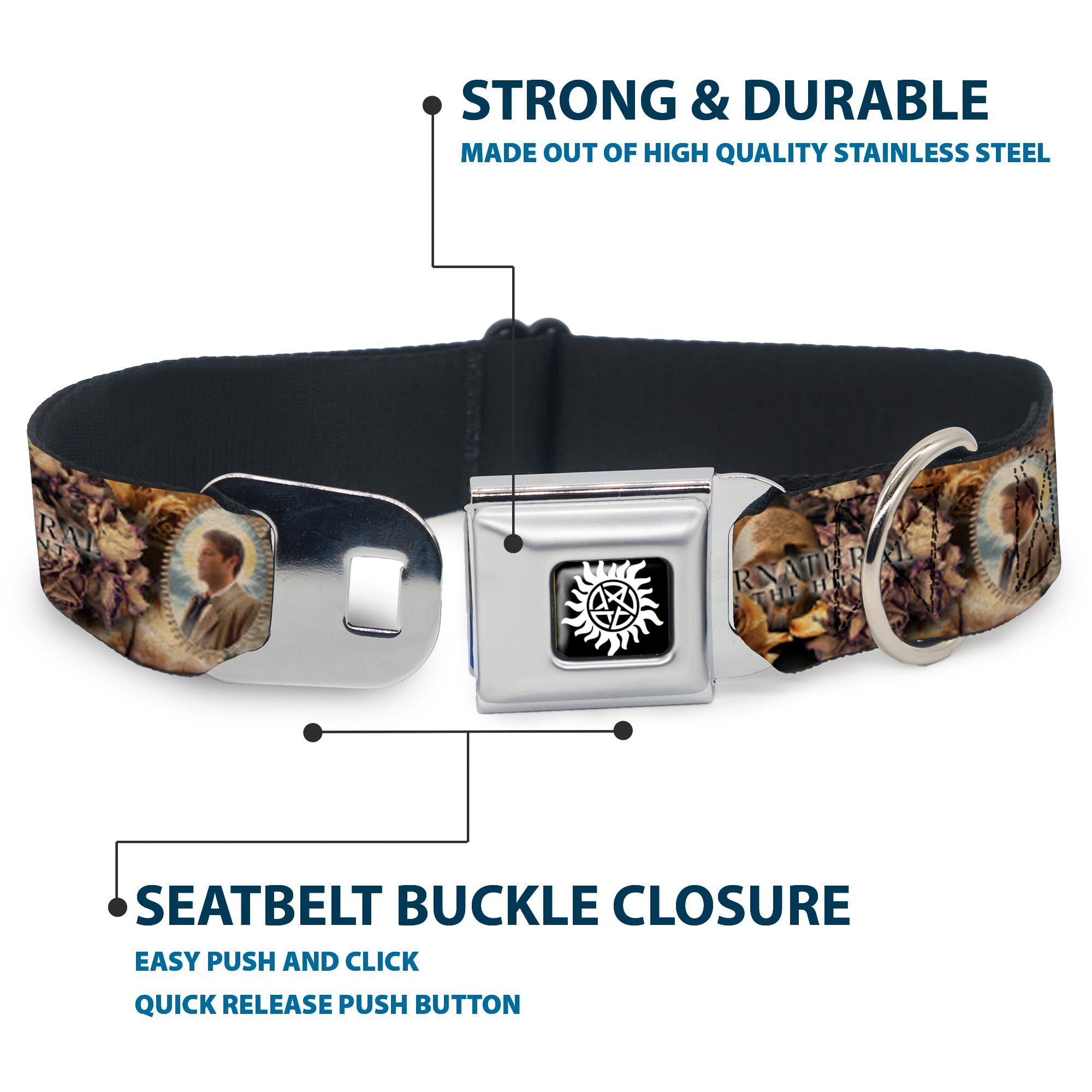 Buckle-Down Dog Collar Seatbelt Buckle Supernatural 4 Character Saintly Icons Skull Roses, 1 Wide - Fits 9-15 Neck - Small,