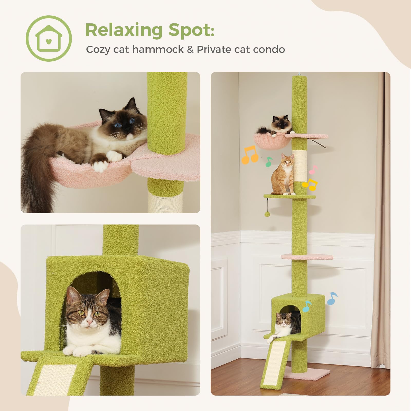 Pequlti Cat Tree Floor To Ceiling, Green Cat Tower, Adjustable Height (83''-108'') 5 Tiers Tall Climbing Tree For Indoor Cats Wi