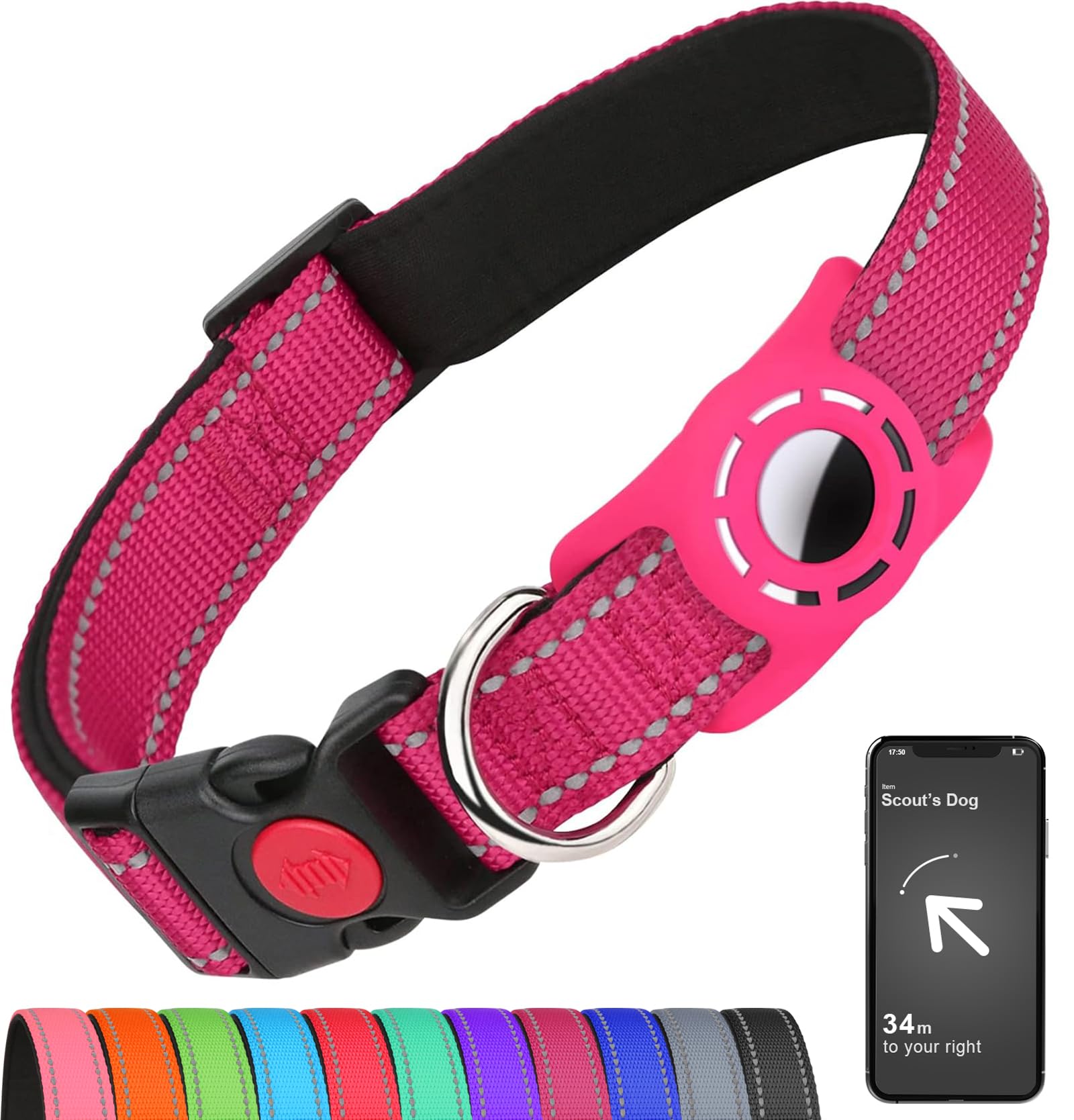Erbine Airtag Dog Collar For Medium Dogs, Reflective Dog Collars With Airtag Holder, Soft Padded & Safety Locking Buckle, Nylon Pet Collar Adjustable For All Breeds, Hotpink