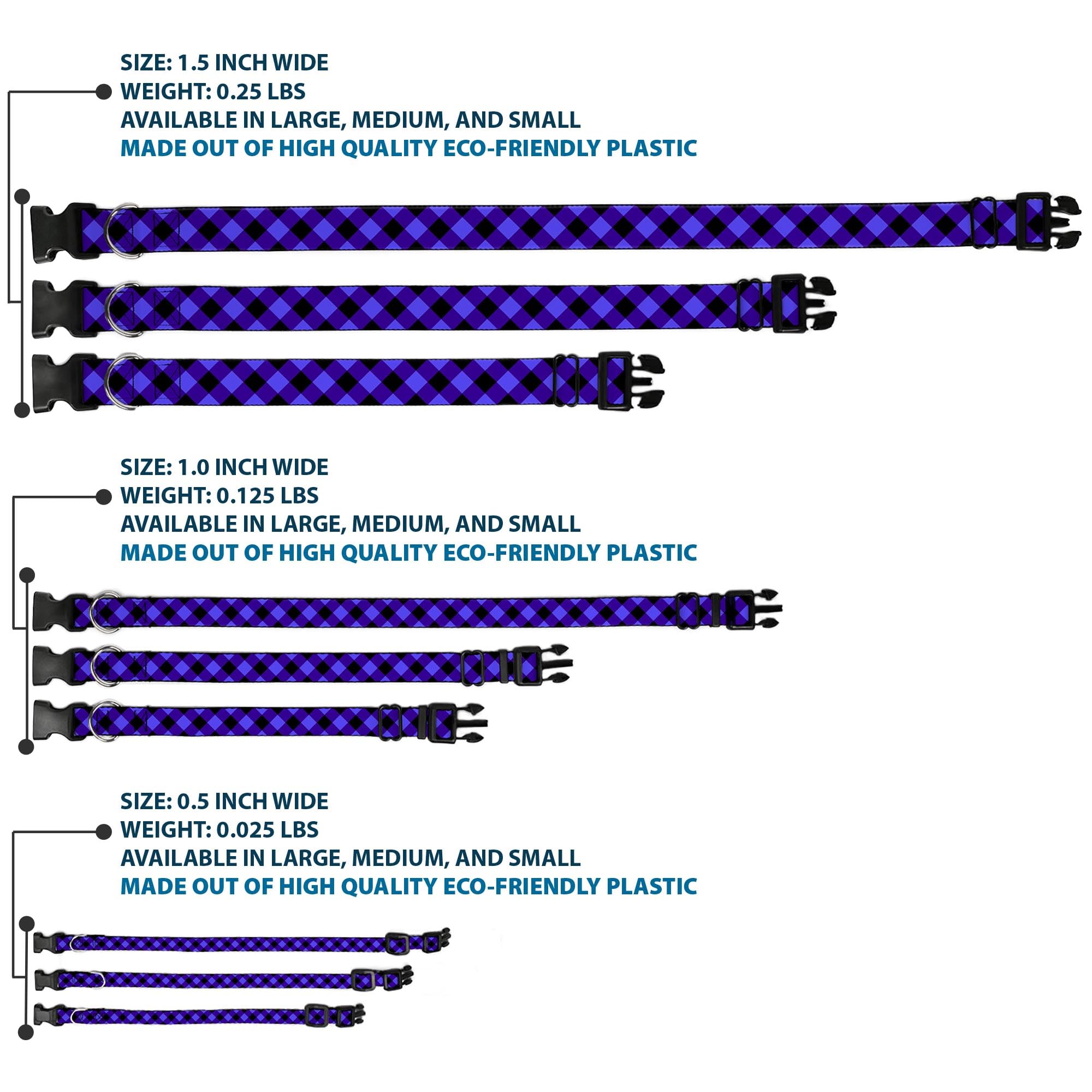 Buckle-Down Plastic Clip Collar - Diagonal Buffalo Plaid Black/Blue - 1/2' Wide - Fits 9-15' Neck - Large