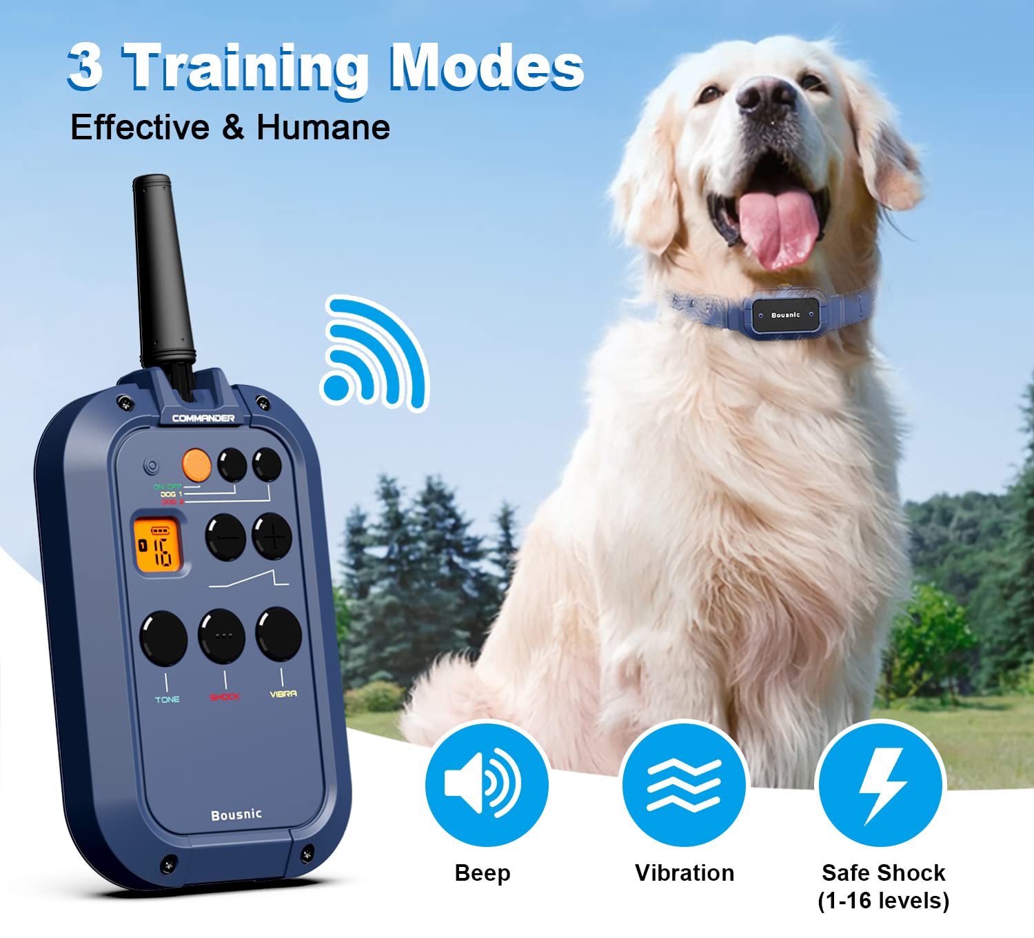 Bousnic Dog Shock Collar With Remote -  Mile Electronic Training Collar For (15-140Lbs) Medium Large Dogs, Waterproof Rechargeab