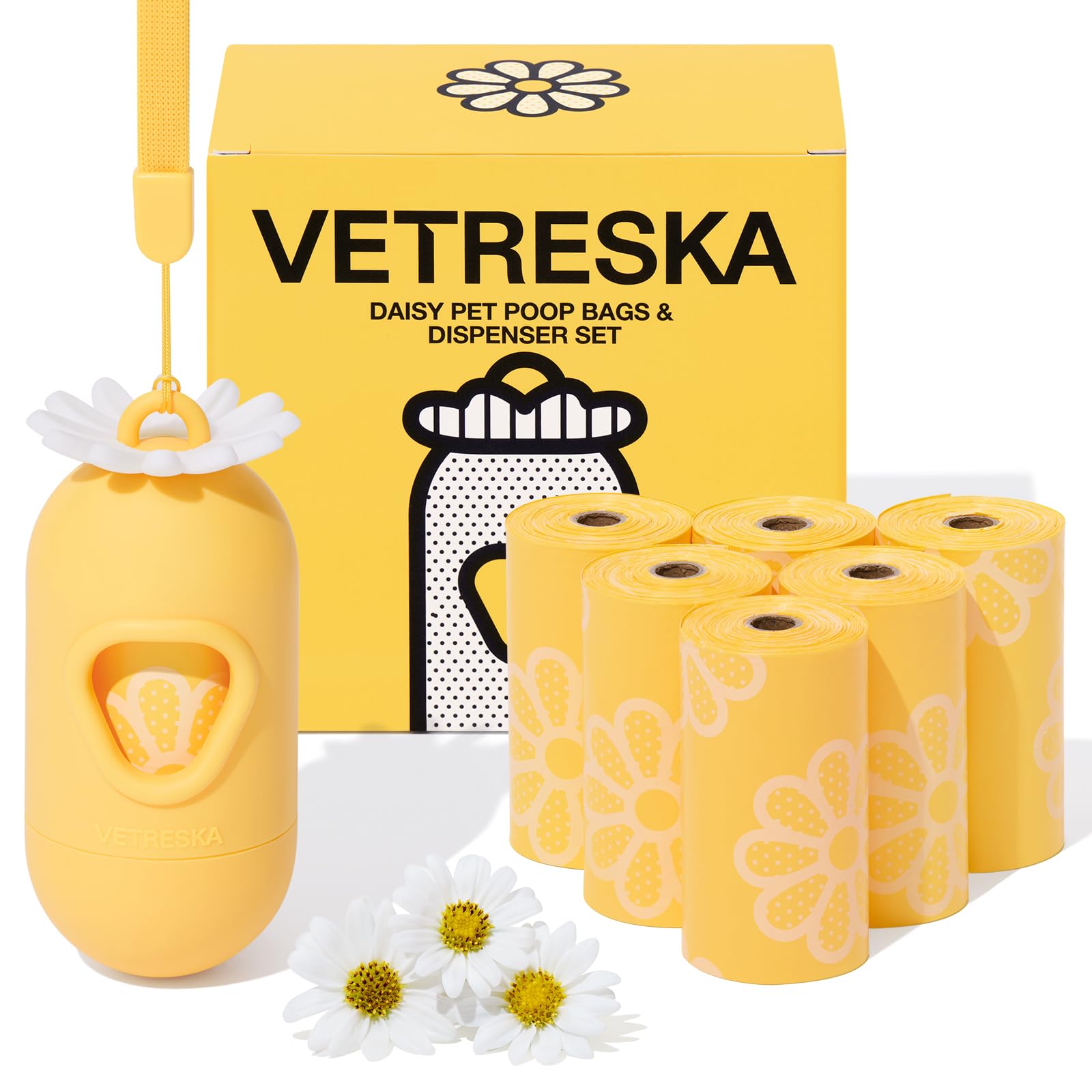 Vetreska Dog Poop Bag Holder With Daisy Scented Bags Pet Waste Bag Dispenser For Leash Leak-Proof Poop Bags For Dog Walking 1 Ho