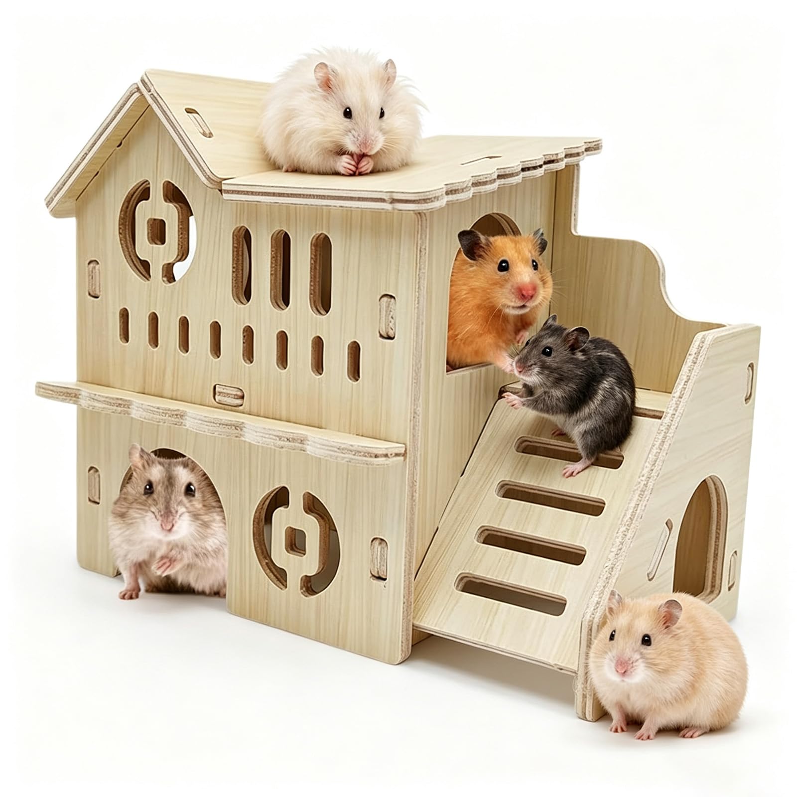 SRKSPYFD Hamster House, Hamster Cage for Two Hamsters, MultiLevel Wooden Habitat with Ladder, Small Pet House Accessories for G