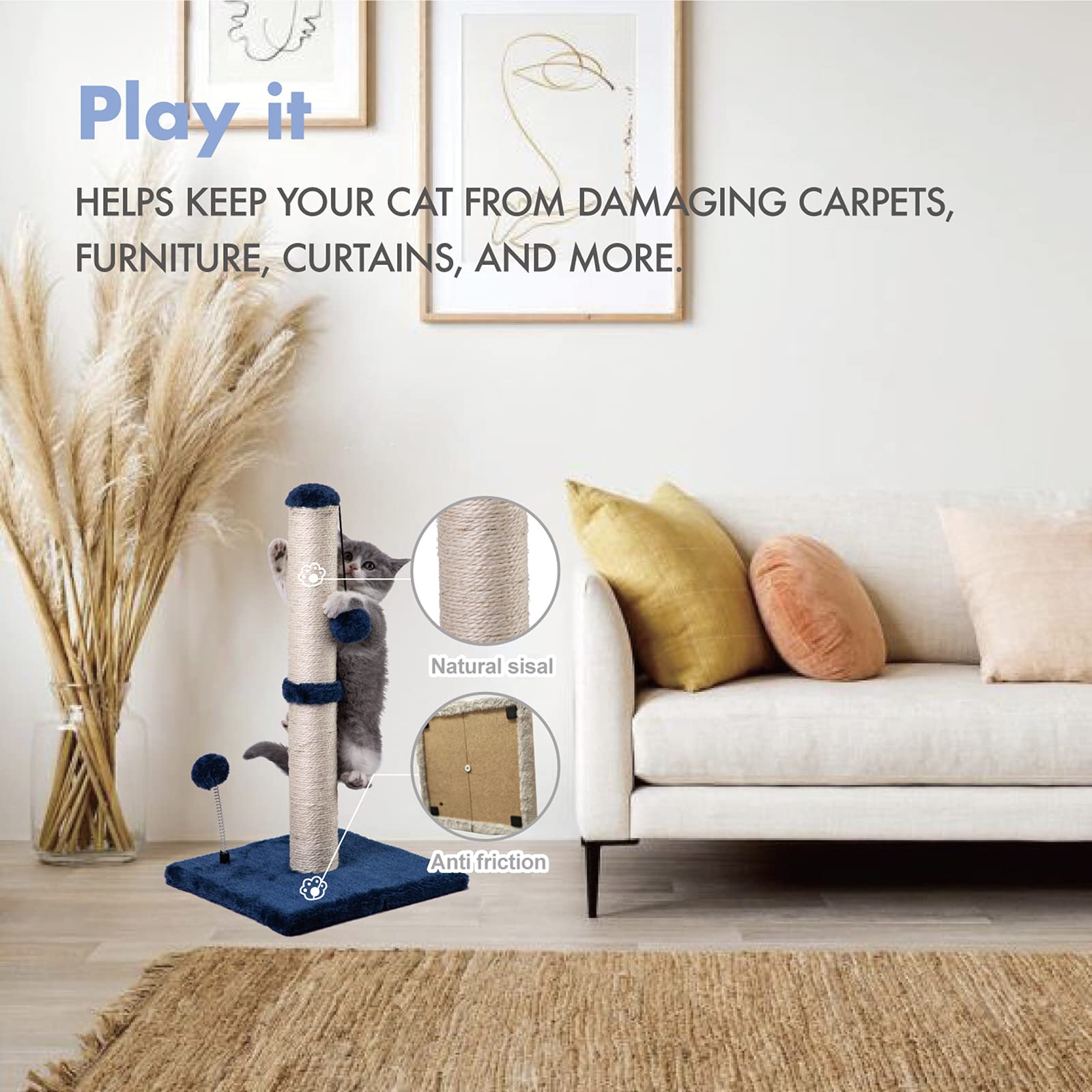 Mecool Cat Scratching Post Premium Basics Kitten Scratcher Sisal Scratch Posts With Hanging Ball 22 In For Kittens Or Smaller Cats (22 Inches For Kitten, Navy)