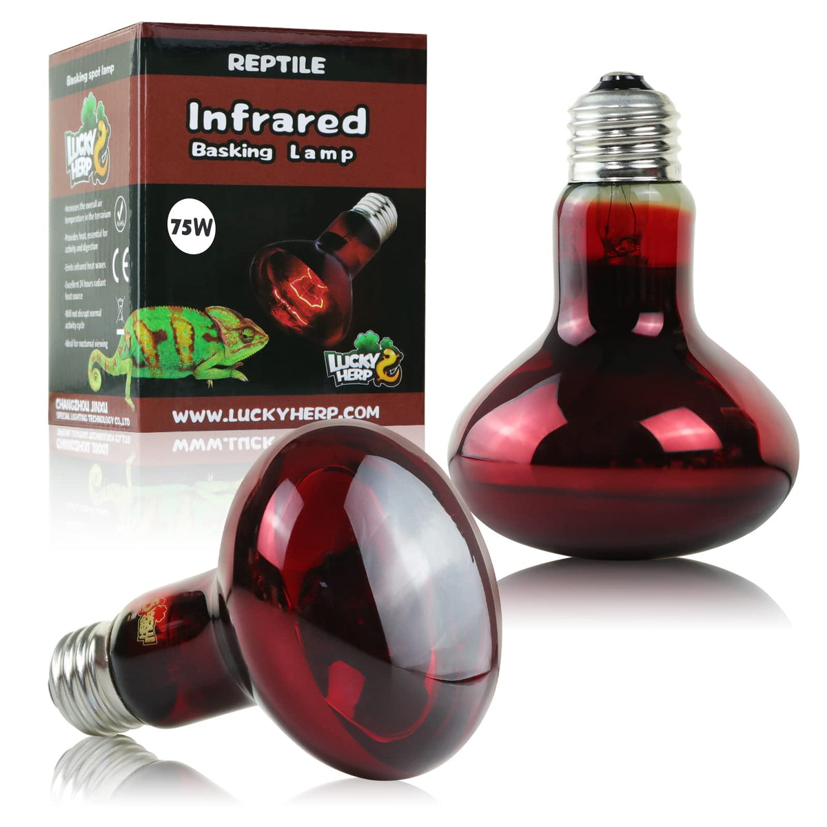 LUCKY HERP 75W Reptile Heat Lamp Bulbs 2 Pack, Reptiles & Amphibians Infrared Basking Spot Lamp, Heat Light Bulb for Turtle, Bea