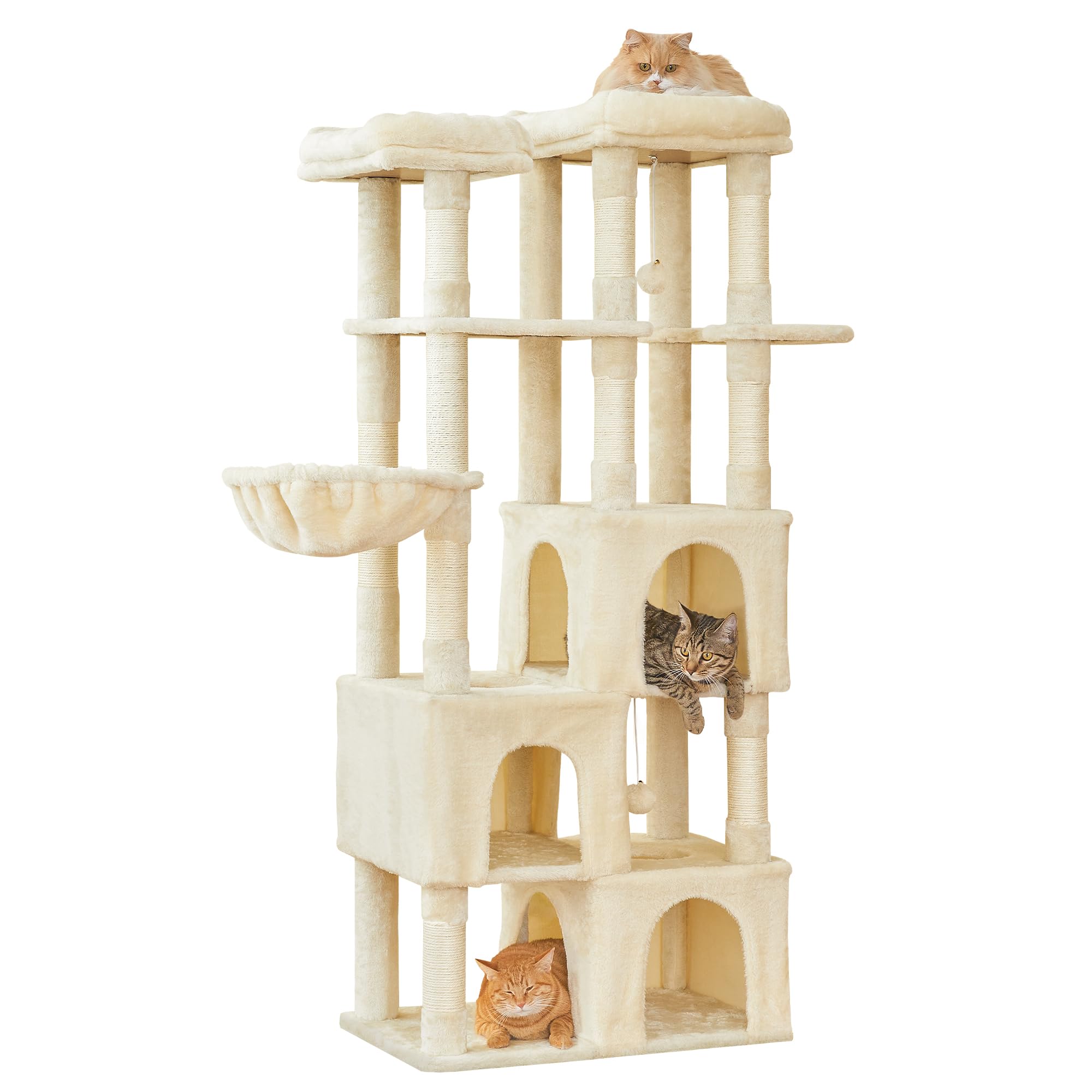 Mwpo Large Cat Tree For Indoor Cats, 63-Inch Cat Tower With 3 Cat Condos, Scratching Posts, Padded Perches, Hammock, Dangling To