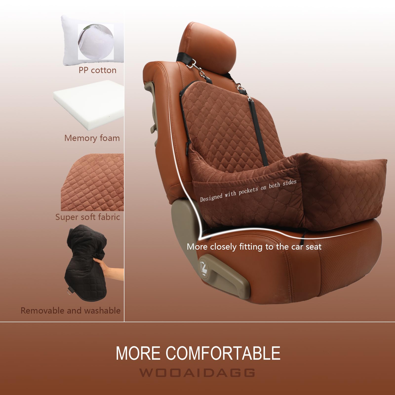 WOOAIDAGG Dog Car Seat for Small Dogs,Easy to Assemble,Comfy Cushion Fill in Memory Foam,2 Clip-On Safety Leashes and Storage Po