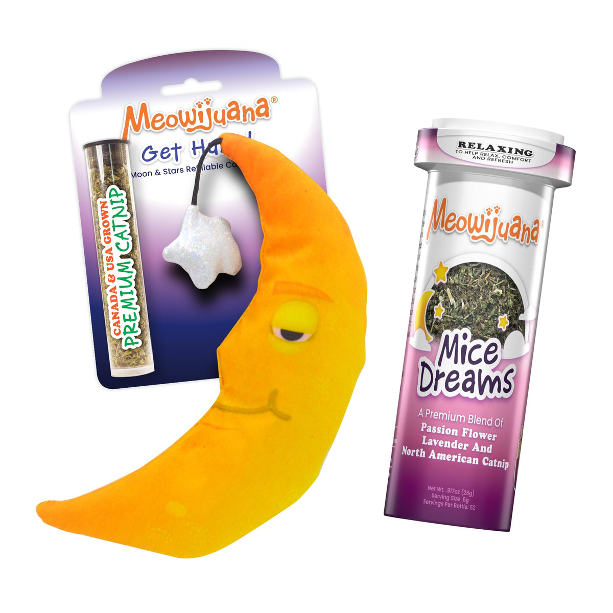 Meowijuana | Sleepy Time Bundle | Get Hung Refillable Moon And Stars Toy And Mice Dreams Catnip Blend| Promotes Play And Cat Health | Includes North American Organic Catnip